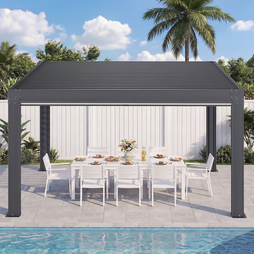 HOMREST 12' x 12' Louvered Pergola with Pull-Down Screens, Aluminum Outdoor Pergola with Retractable Roof for Patios, Decks & Backyards, Black