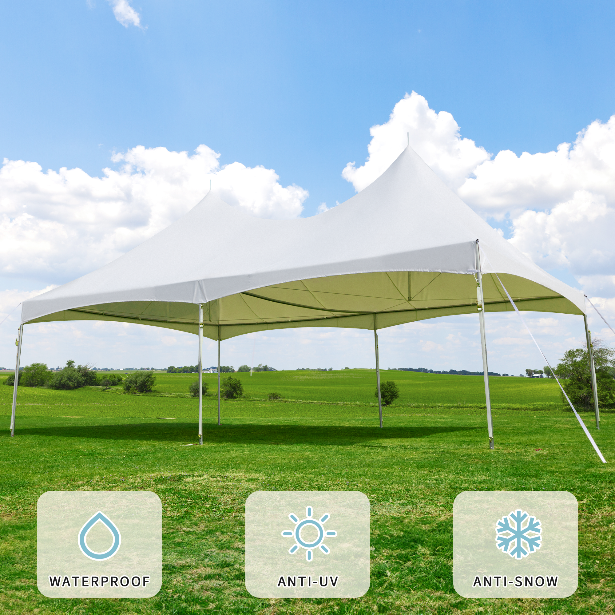 HOMREST  20x30ft Party Tent Outdoor Wedding Tent Heavy Duty Peaked Frame Canopy With Fire Retardant PVC Top 100 Person For Event Commercials White
