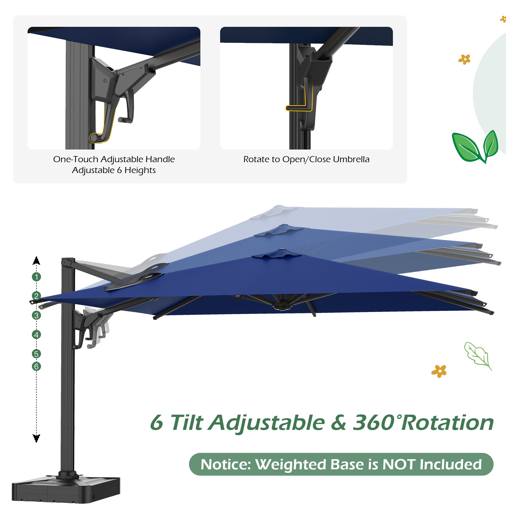 HOMREST 10x13ft Large Rectangular Cantilever Umbrella with 360° Rotation & 6 Adjustable Heights, Outdoor Patio Umbrella for Garden, Pool, Deck, Navy (Base Excluded)