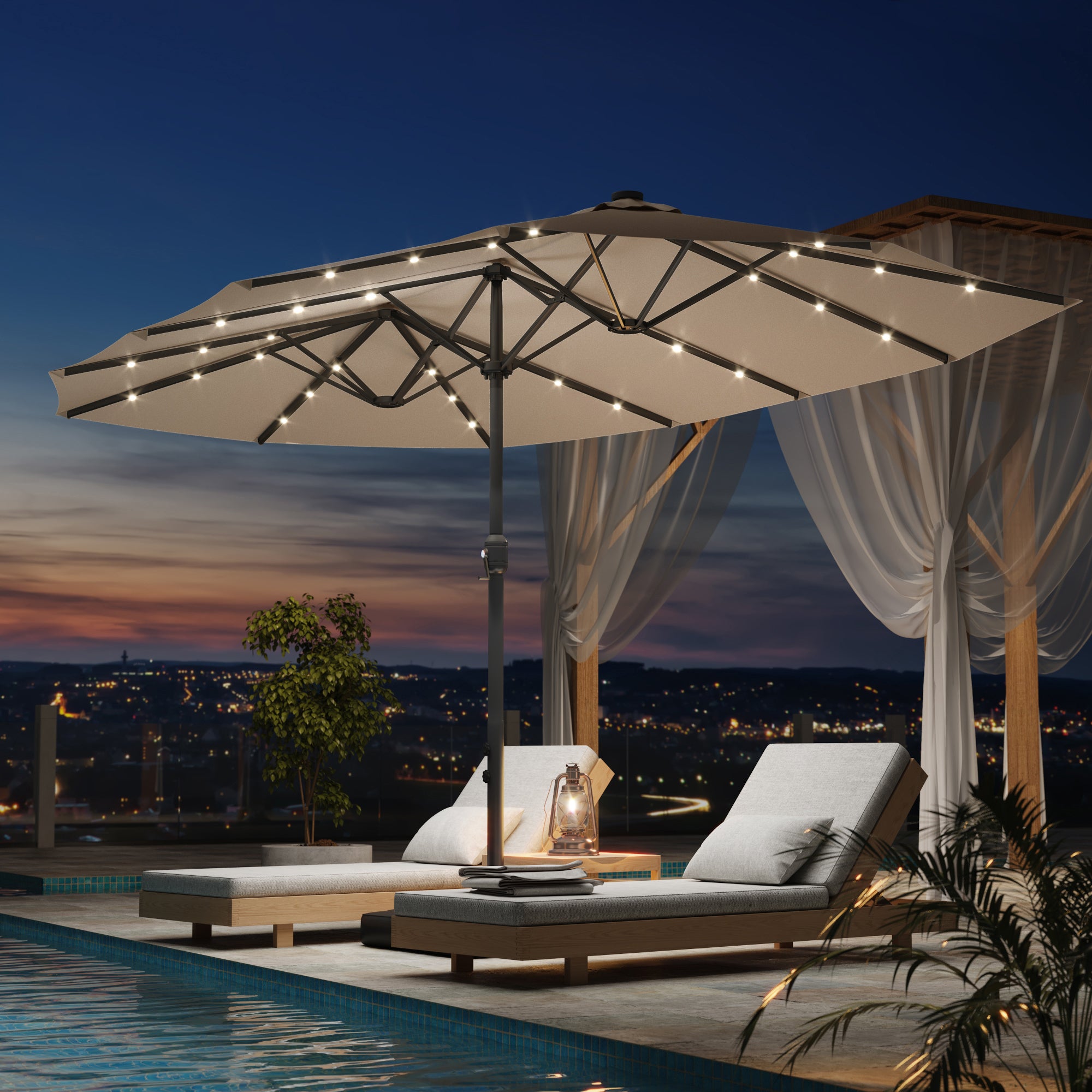 HOMREST 15ft Large Double-Sided Patio Umbrella with Solar LED Lights, Outdoor Crank System, and Base – Perfect for Garden, Deck, Poolside, Beige