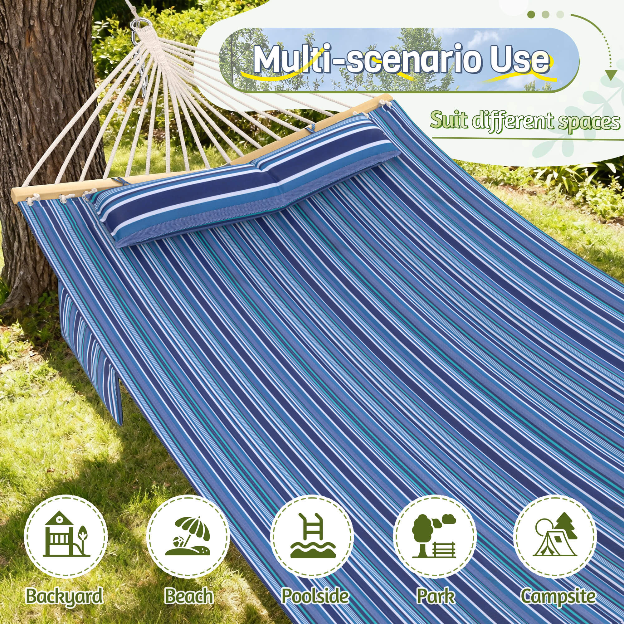 HOMREST Modern Portable Hammock, Outdoor Rope Hammock for Backyard, Beach & Camping, Blue Stripes