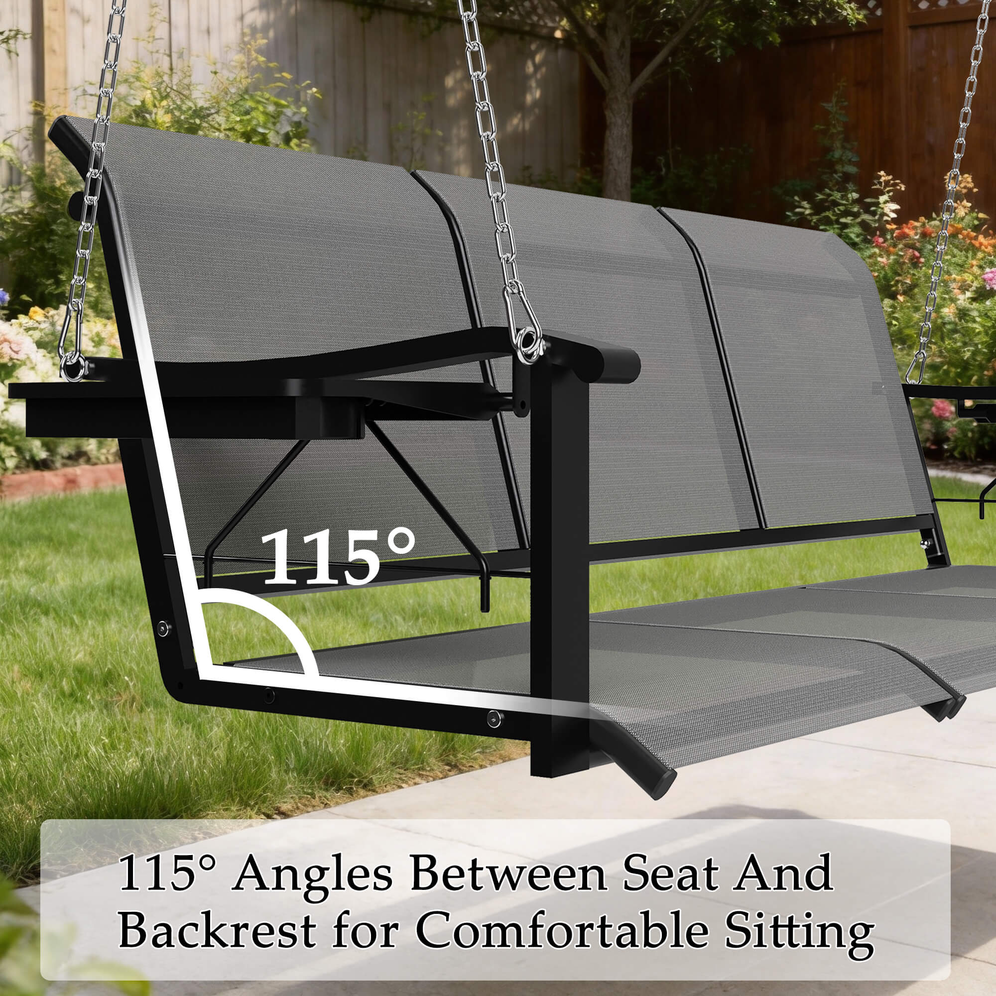 HOMREST Textilene 3 Seat Porch Swing with Cup Holder, 5.3FT Patio Hanging Swing Bench with with Hanging Chains, 700 LBS Capacity, Gray