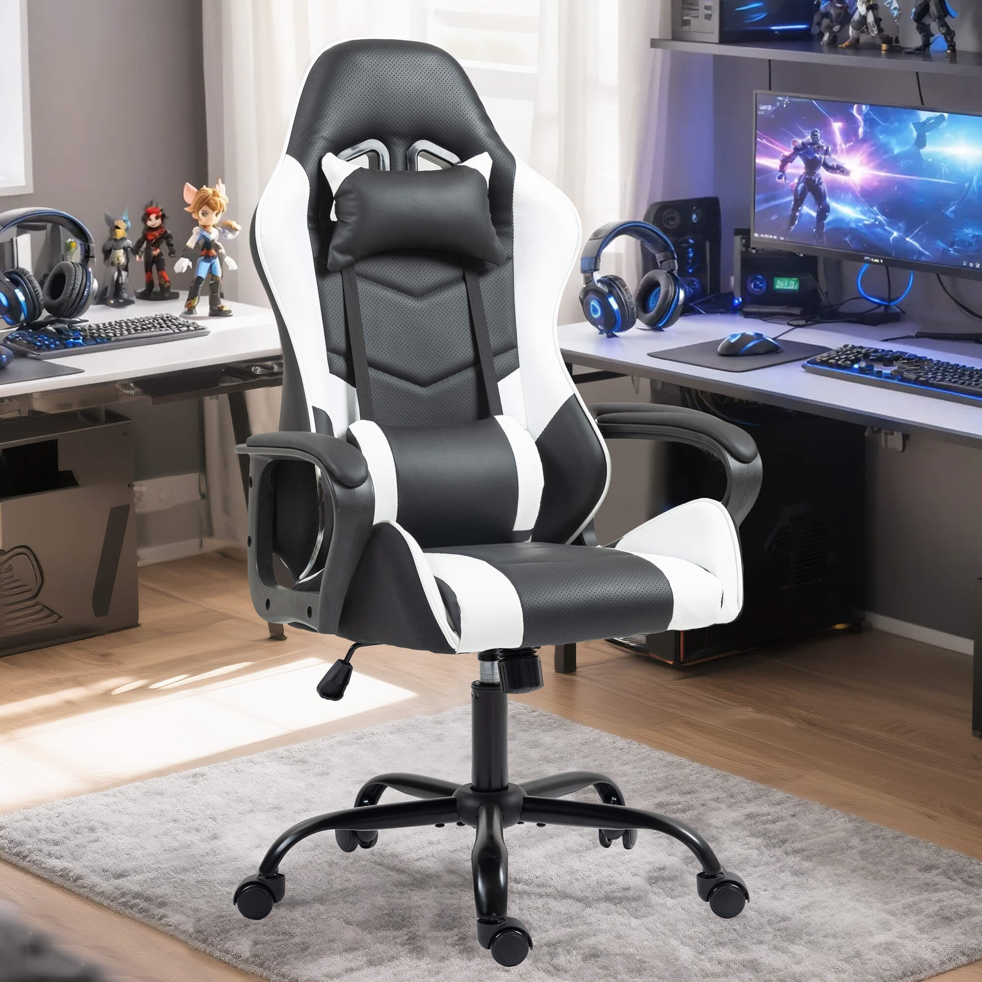 HOMREST Gaming Chair, Ergonomic Computer Gamer Chair with Massage Lumbar Support & Rocking High Back, Height Adjustable, White