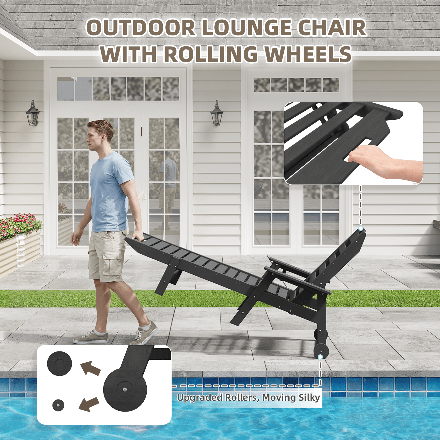 HOMREST 22" W Oversized Chaise Lounge Chairs, Adjustable HDPE Outdoor Chairs with Wheels & Cup Holder, Dark Grey