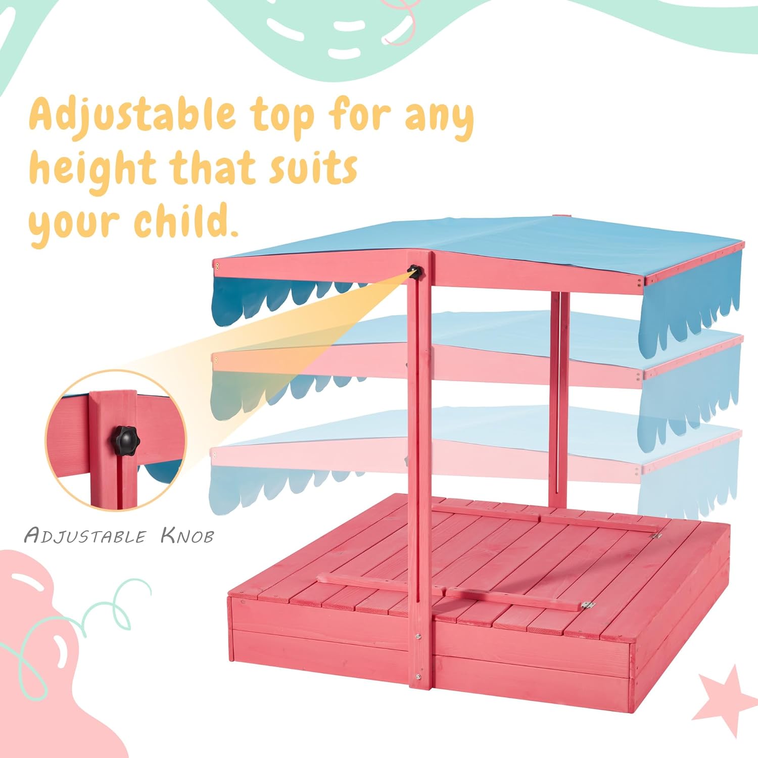 Homrest Kids Sandbox with Cover, Wooden with Height Adjustable Roof,for Aged 3-8, for Backyard, Beach, Lawn, Pink
