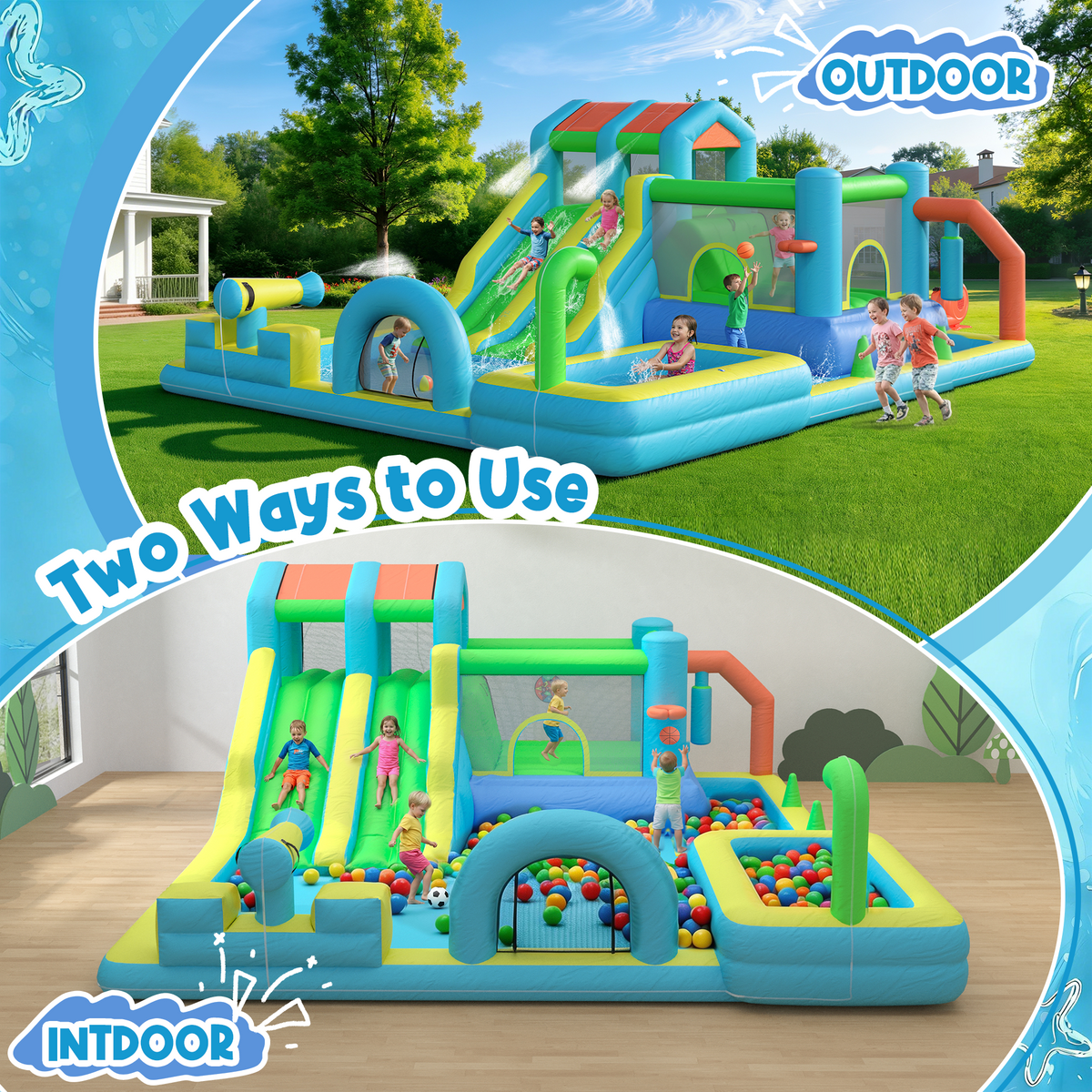 Homrest Inflatable Bounce House, Bouncy House with Double Water Slide, Inflatable Bouncy Castle Water Bounce House with Blower, Climbing Wall, Jumping, Splash Pool for Kids Indoor Outdoor