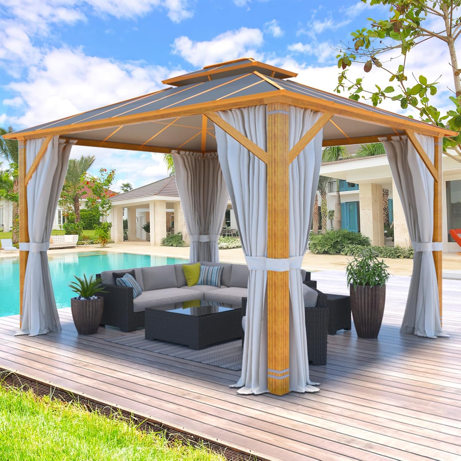 Homrest 10X12 Gazebo Outdoor Double Roof Aluminum Composite Canopy Aluminum Frame Pavilion with Curtains and Netting