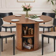 Homrest 47-inch Round Dining Table for 4-6, Farmhouse Circle Kitchen Table with 2-Layer Storage Shelf and Wood Slide Door, Modern Fluted Design Wooden Dining Desk for Dining Room, Brown