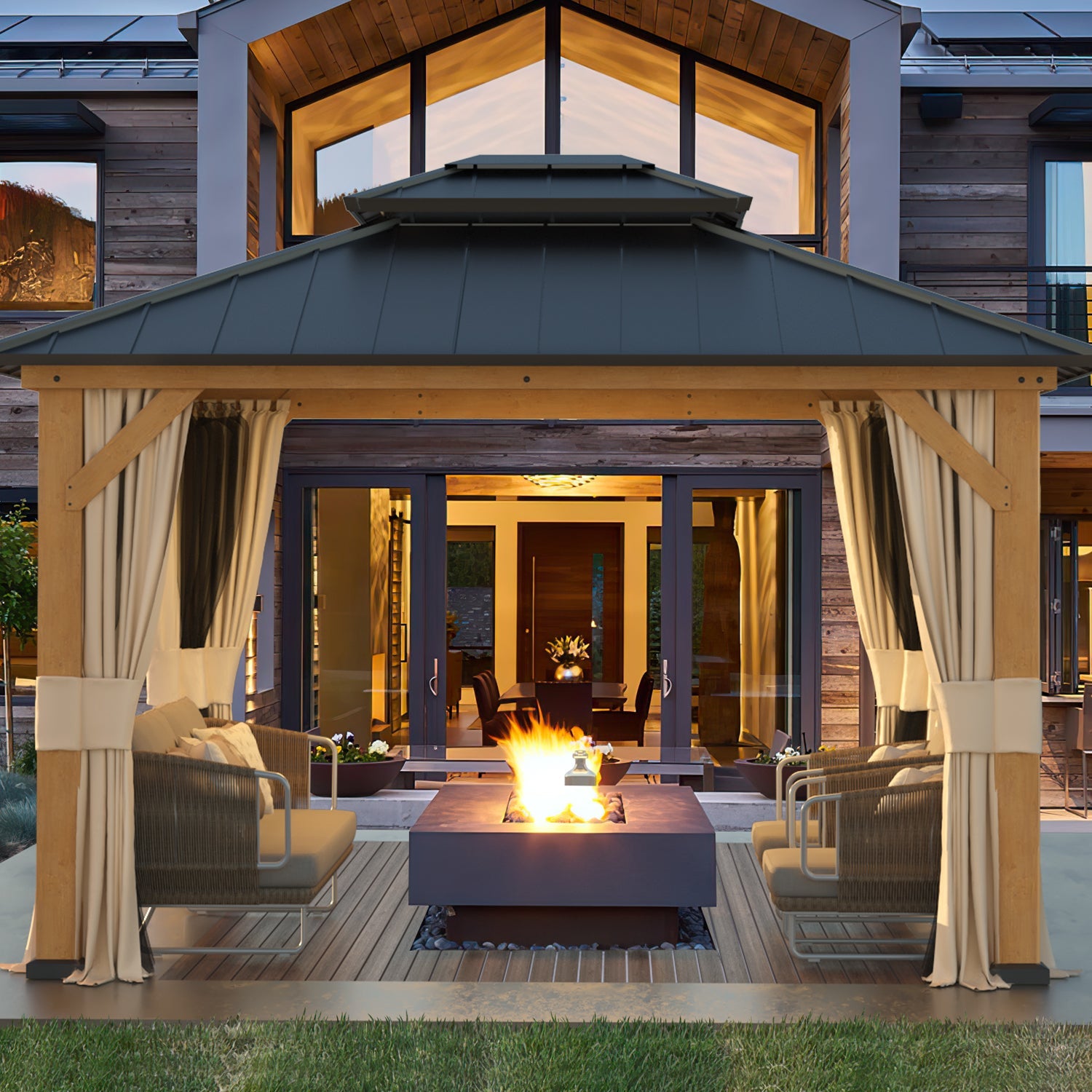 Homrest 11' x 13' Outdoor Cedar Wood Hardtop Gazebo w/ Double Metal Roof, Curtains & Nettings