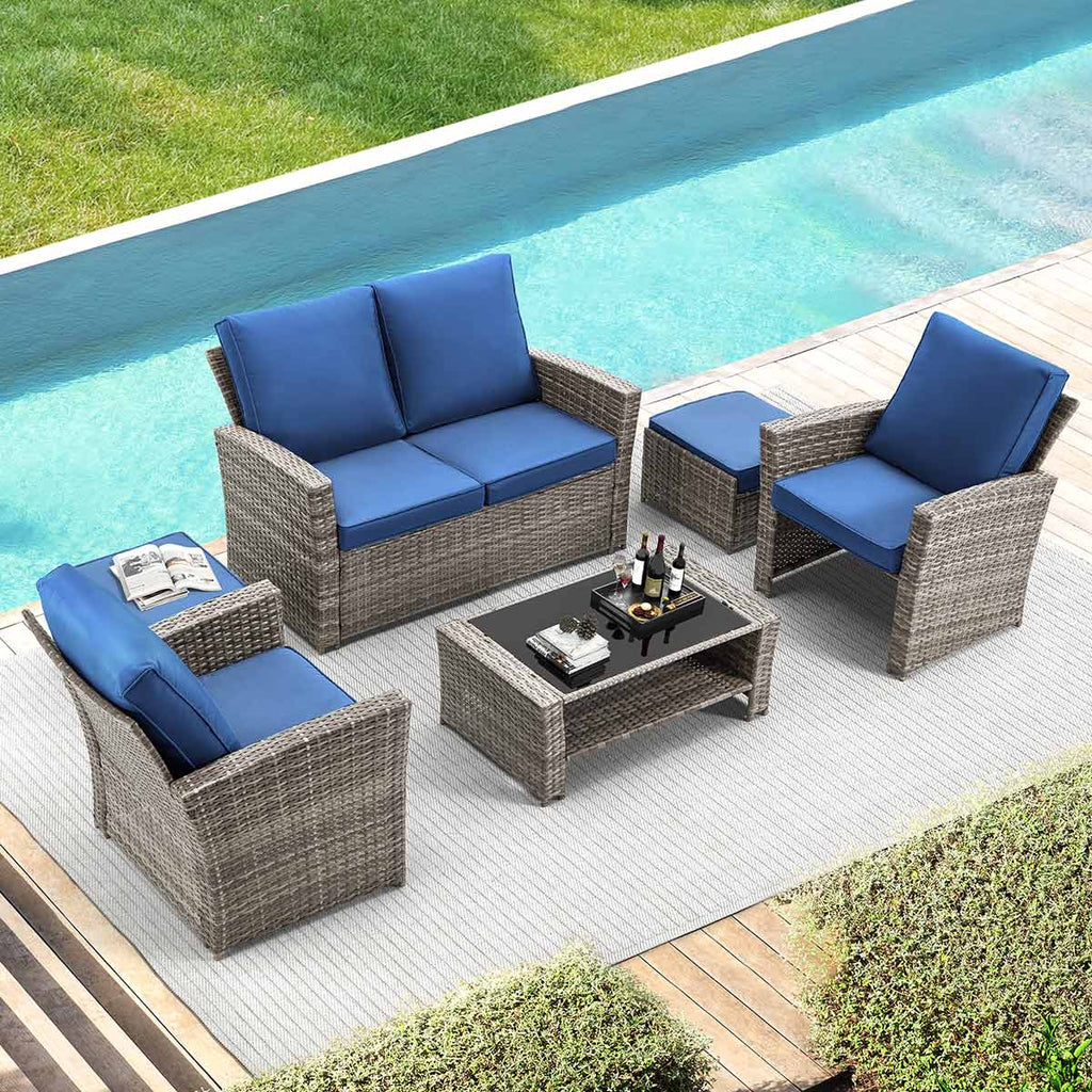 Homrest 6 Pcs Patio Furniture Set with Ottoman and Storage Table, Blue