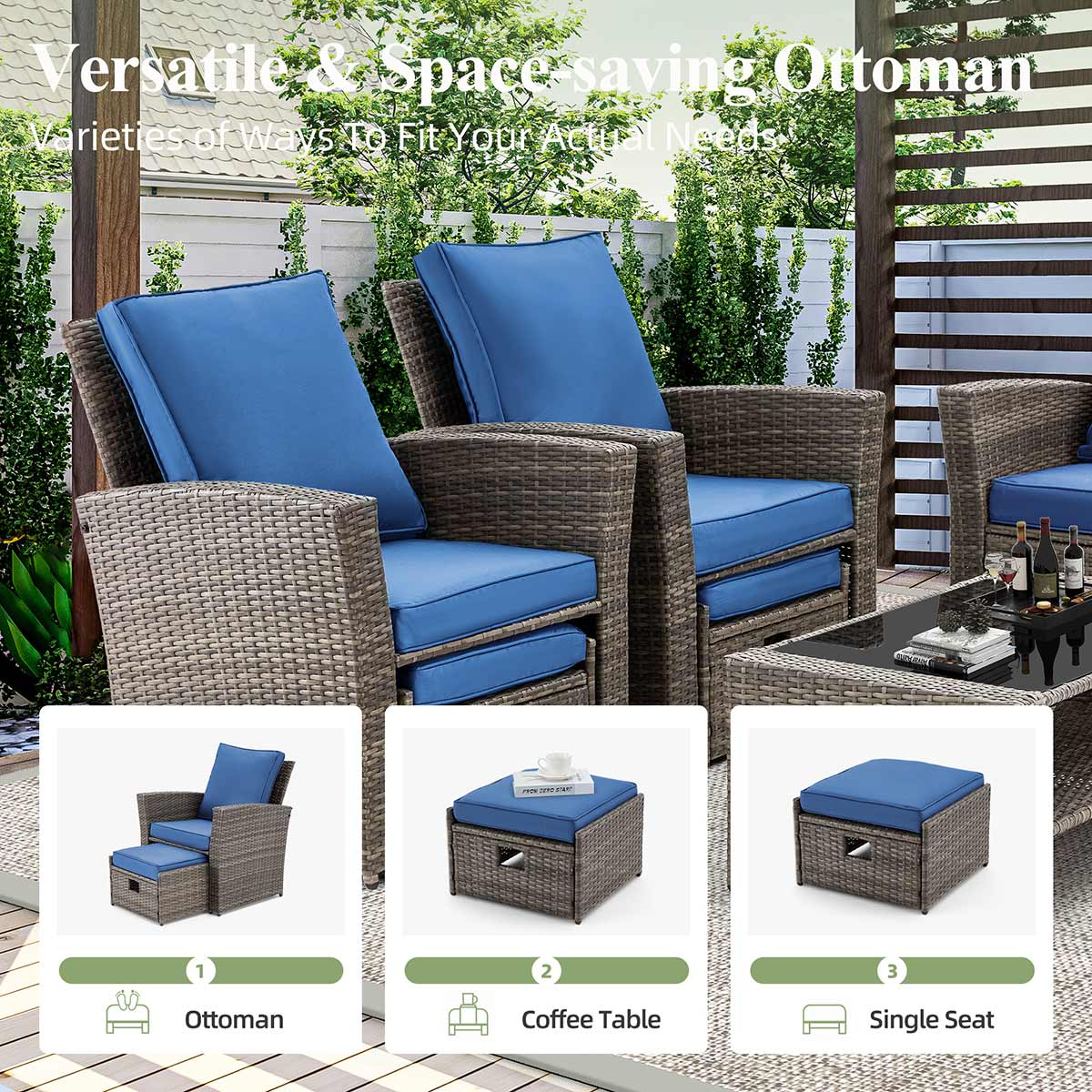 Homrest 6 Pcs Patio Furniture Set with Ottoman and Storage Table, Blue