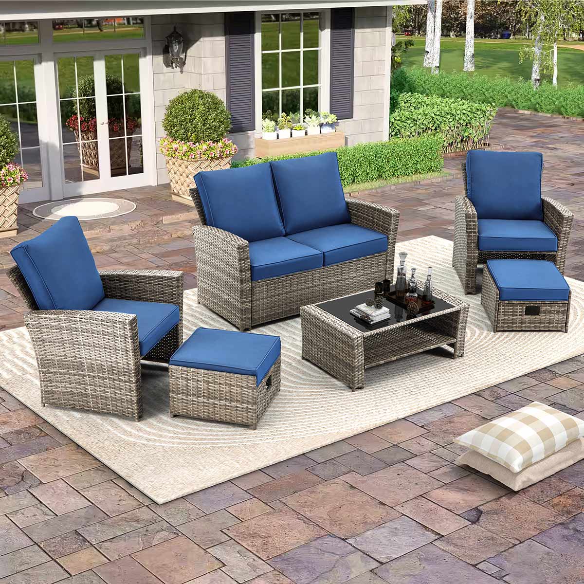 Homrest 6 Pcs Patio Furniture Set with Ottoman and Storage Table, Blue