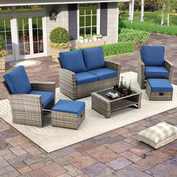 Homrest 6 Pcs Patio Furniture Set with Ottoman and Storage Table, Blue