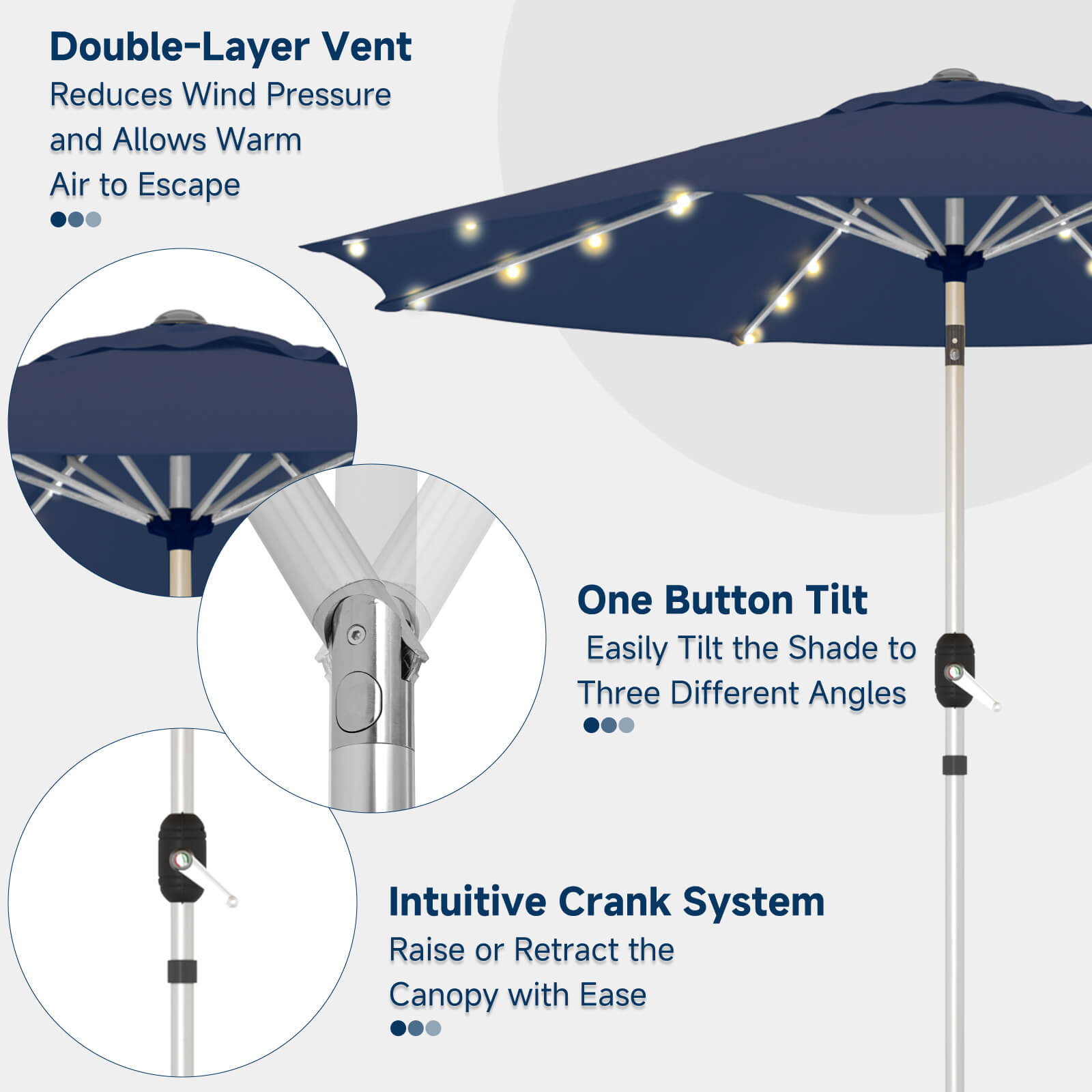 Homrest 10FT Solar Lighted Patio Umbrella, Fade-Resistant Outdoor Umbrella with Tilt, 8 Aluminum Ribs Navy Blue