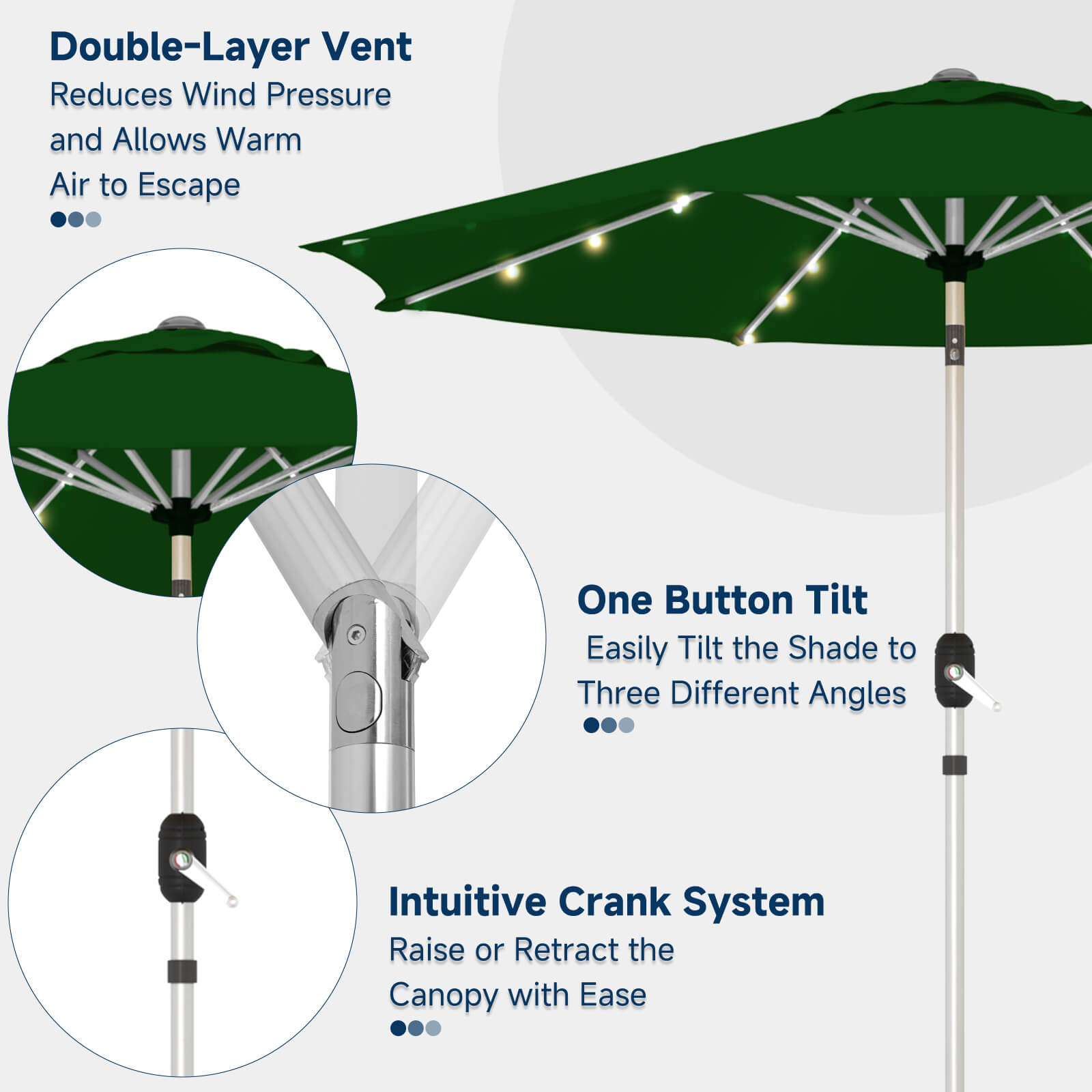 Homrest 9FT Solar Patio Umbrella with Tilt, 8 Aluminum Ribs for Gardens, Green