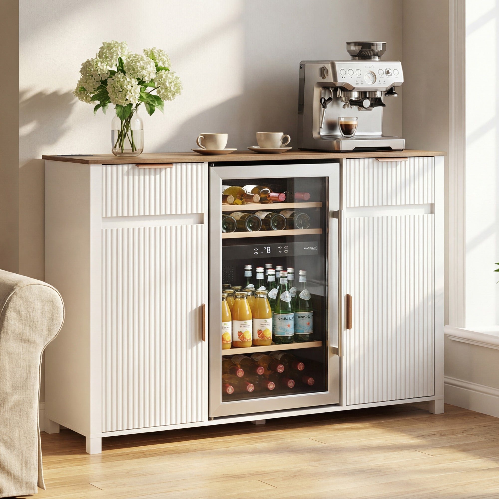 HOMREST 53" Large Coffee Bar Cabinet with Fridge Space & Power Outlet, Mini Fridge Cabinet with Drawer & Door Storage, Wine Bar & Buffet Sideboard for Kitchen and Dining Room, Liquor Cabinet, White