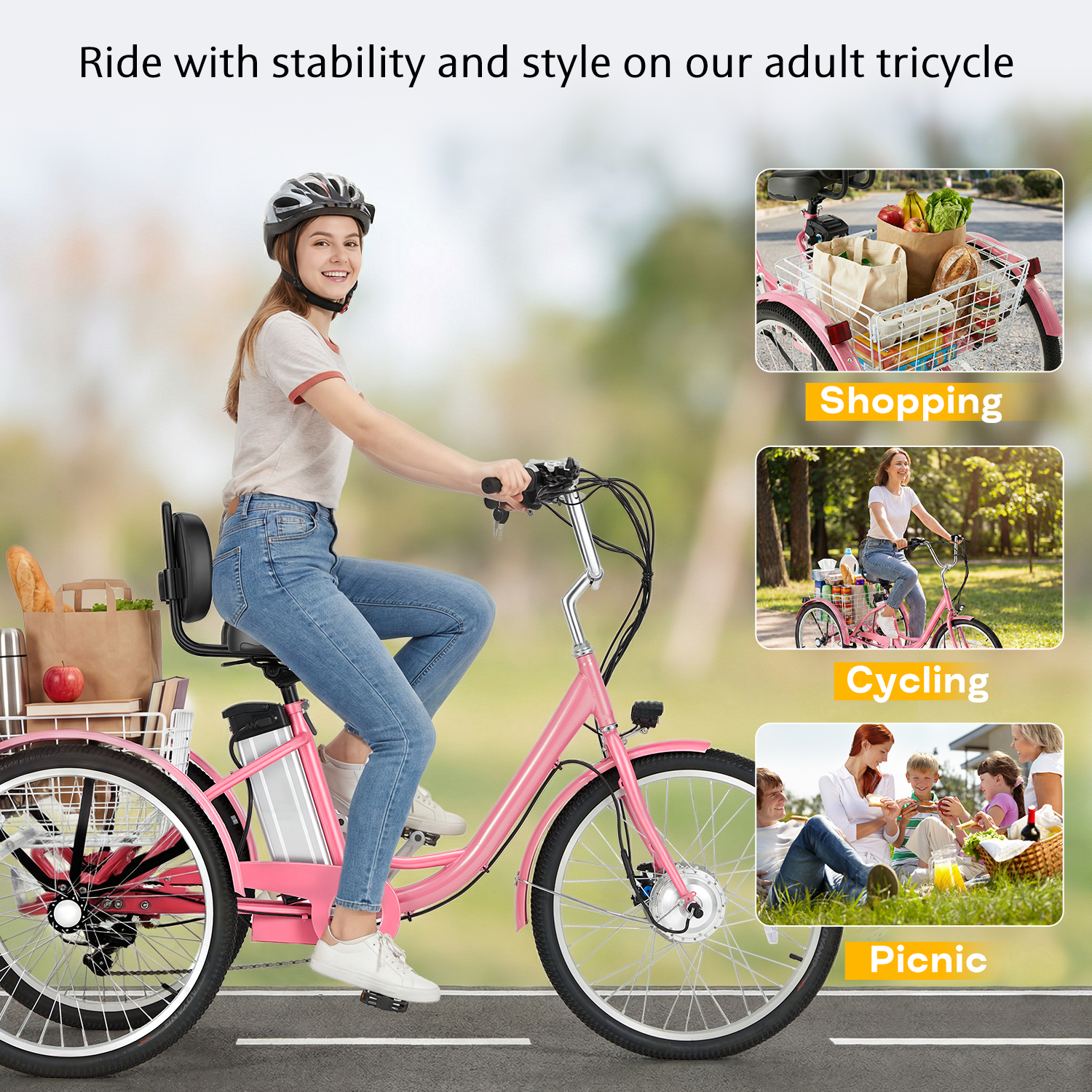 HOMREST Electric Trike for Adults,Peak 500W Brushless Motor, E-Trike with 24" x 2" Tires, Removable Battery, Charger,Step-Thru 3-Wheel Electric Bicycle, Up to 55 Miles Range, 15.5MPH+ Speed, Pink