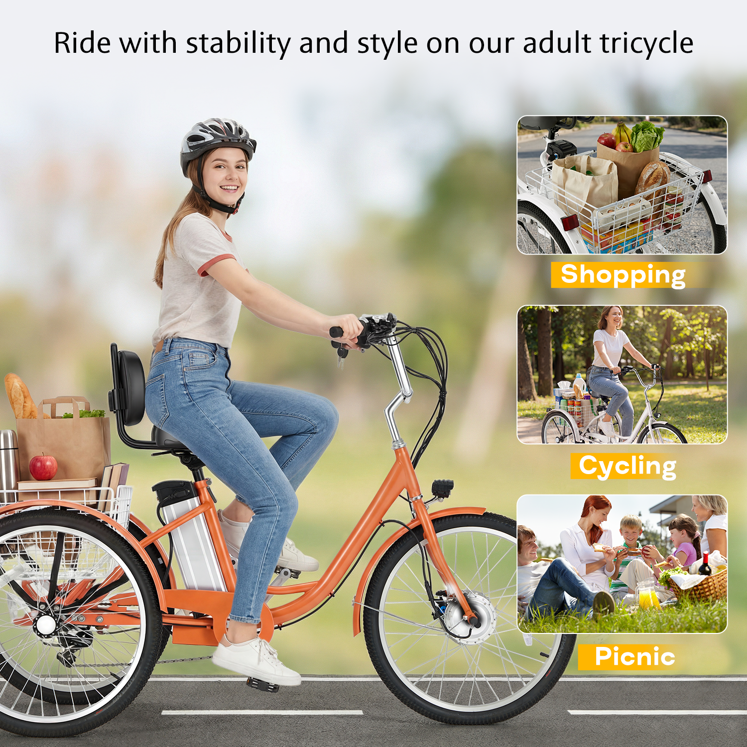 HOMREST Electric Trike for Adults,Peak 500W Brushless Motor, E-Trike with 24" x 2" Tires, Removable Battery, Charger,Step-Thru 3-Wheel Electric Bicycle, Up to 55 Miles Range, 15.5MPH+ Speed, Orange