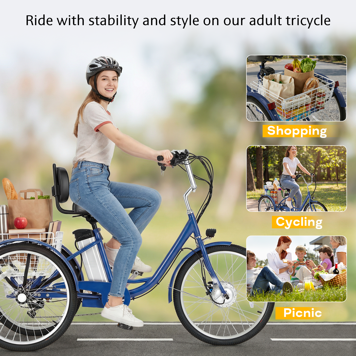 HOMREST Electric Trike for Adults,Peak 500W Brushless Motor, E-Trike with 24" x 2" Tires, Removable Battery, Charger,Step-Thru 3-Wheel Electric Bicycle, Up to 55 Miles Range, 15.5MPH+ Speed, Navy Blue
