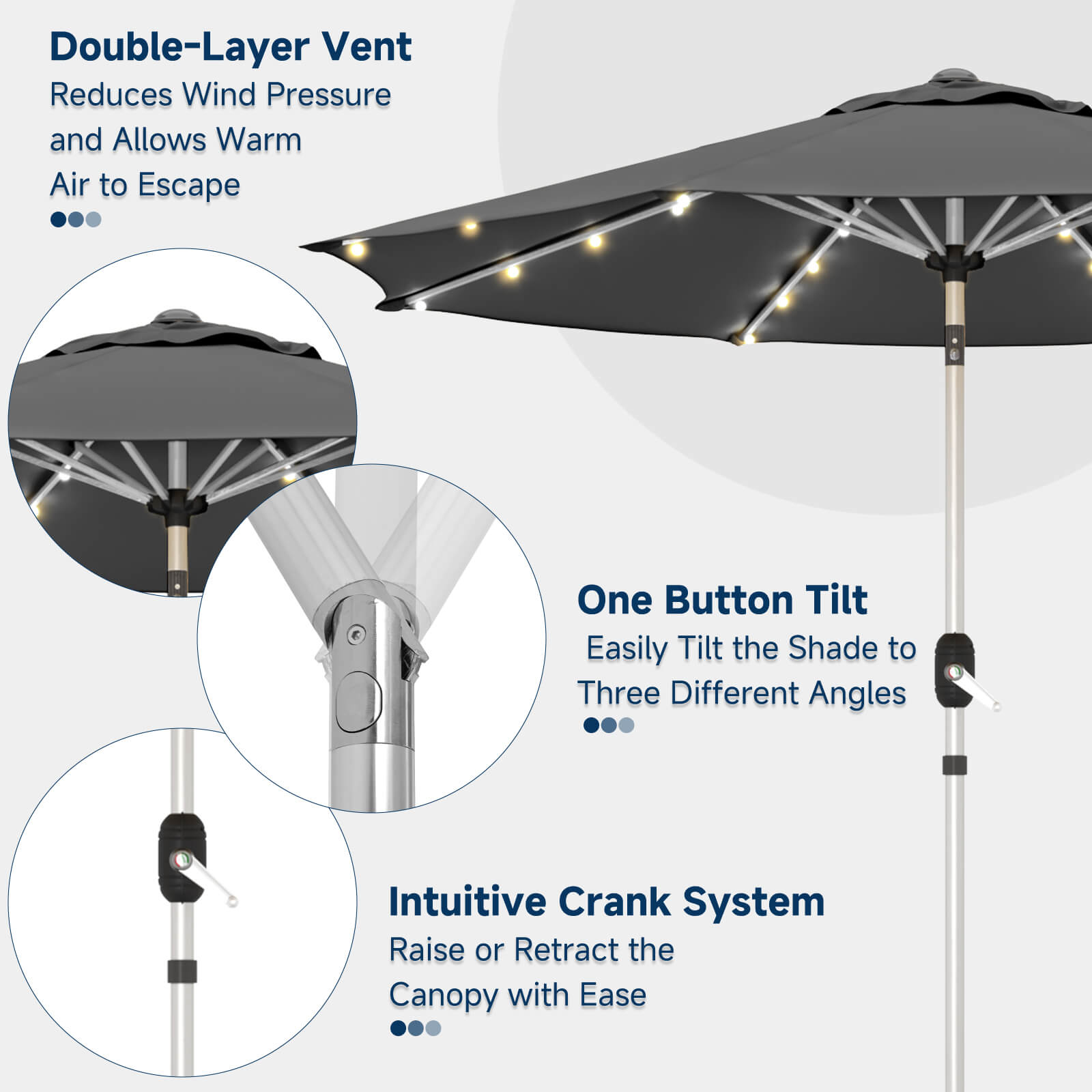 Homrest 9FT Solar Patio Umbrella, Fade-Resistant Outdoor Market Umbrella with Tilt, 8 Aluminum Ribs for Gardens,Grey