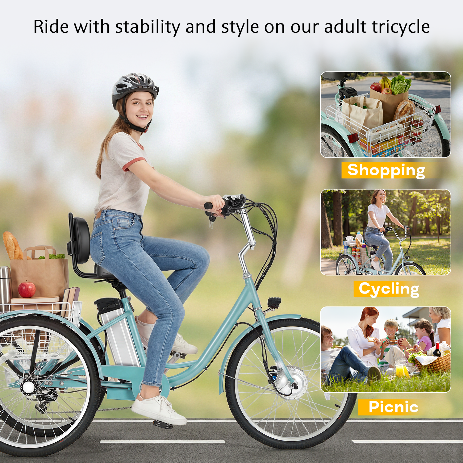 HOMREST Electric Trike for Adults,Peak 500W Brushless Motor, E-Trike with 24" x 2" Tires, Removable Battery, Charger,Step-Thru 3-Wheel Electric Bicycle, Up to 55 Miles Range, 15.5MPH+ Speed, Mint