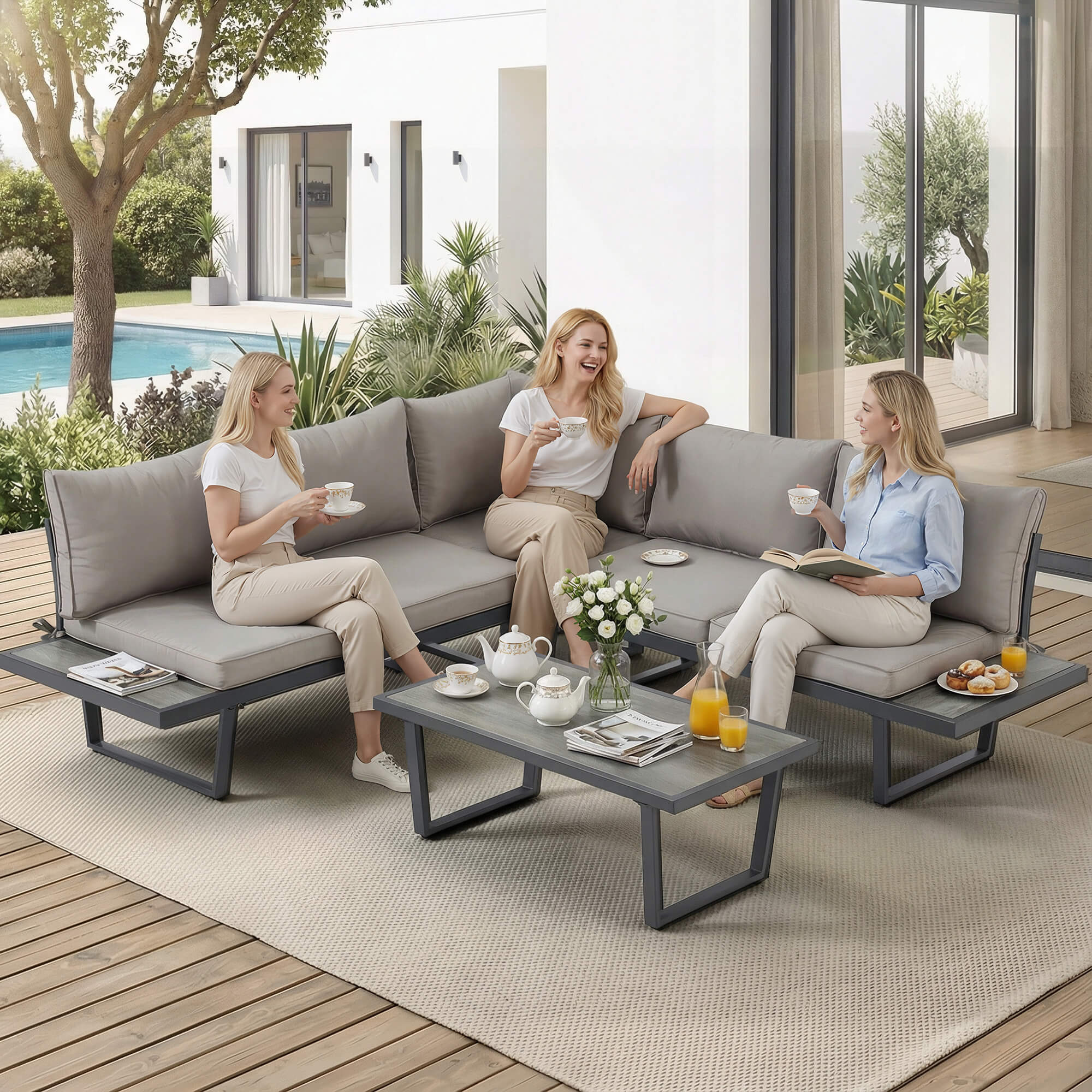 HOMREST Patio Conversation Sets, 4 Piece  Outdoor Patio Furniture Set, Outdoor Furniture with Coffee Table, Gray
