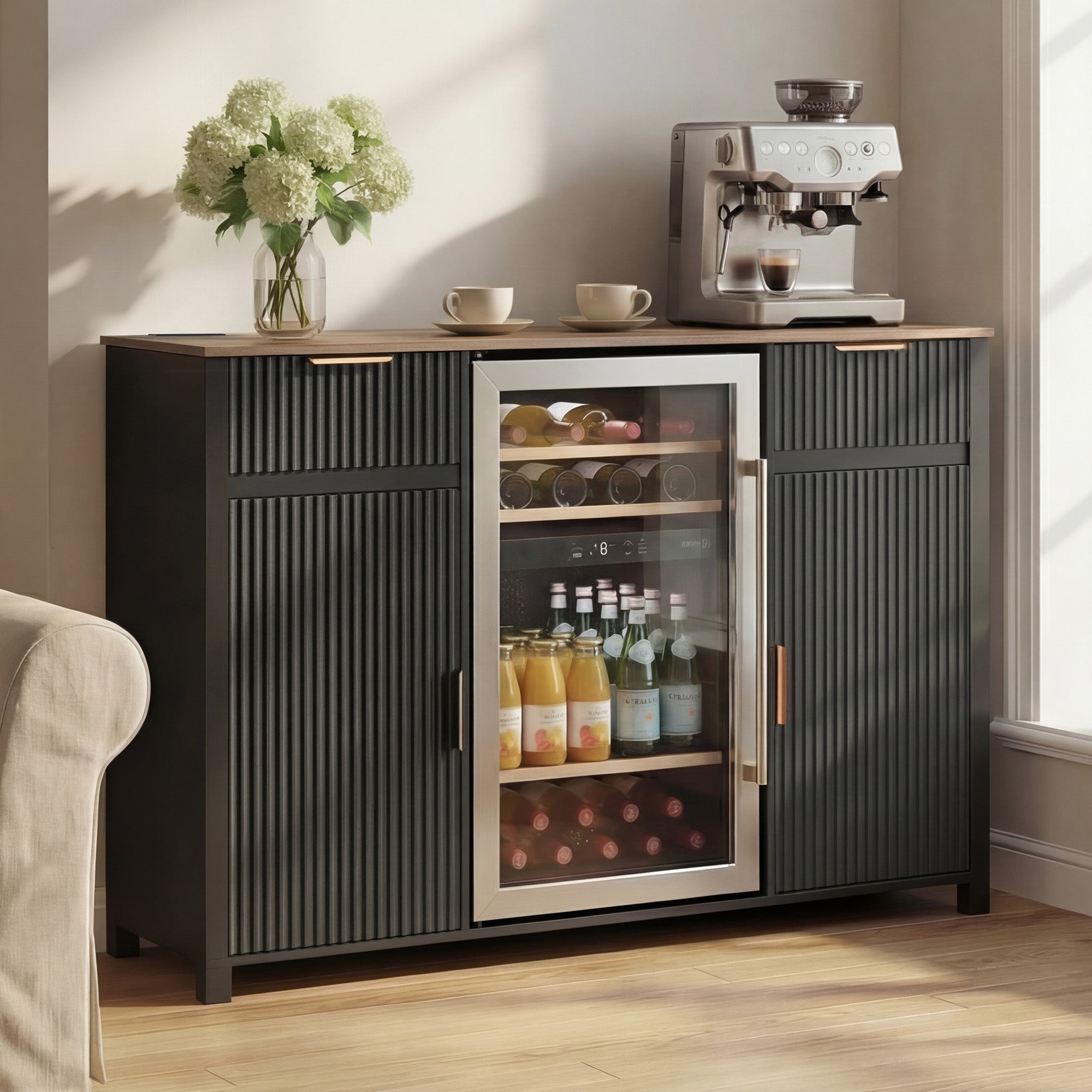HOMREST 53" Large Coffee Bar Cabinet with Fridge Space & Power Outlet, Mini Fridge Cabinet with Drawer & Door Storage, Wine Bar & Buffet Sideboard for Kitchen and Dining Room, Liquor Cabinet, Black