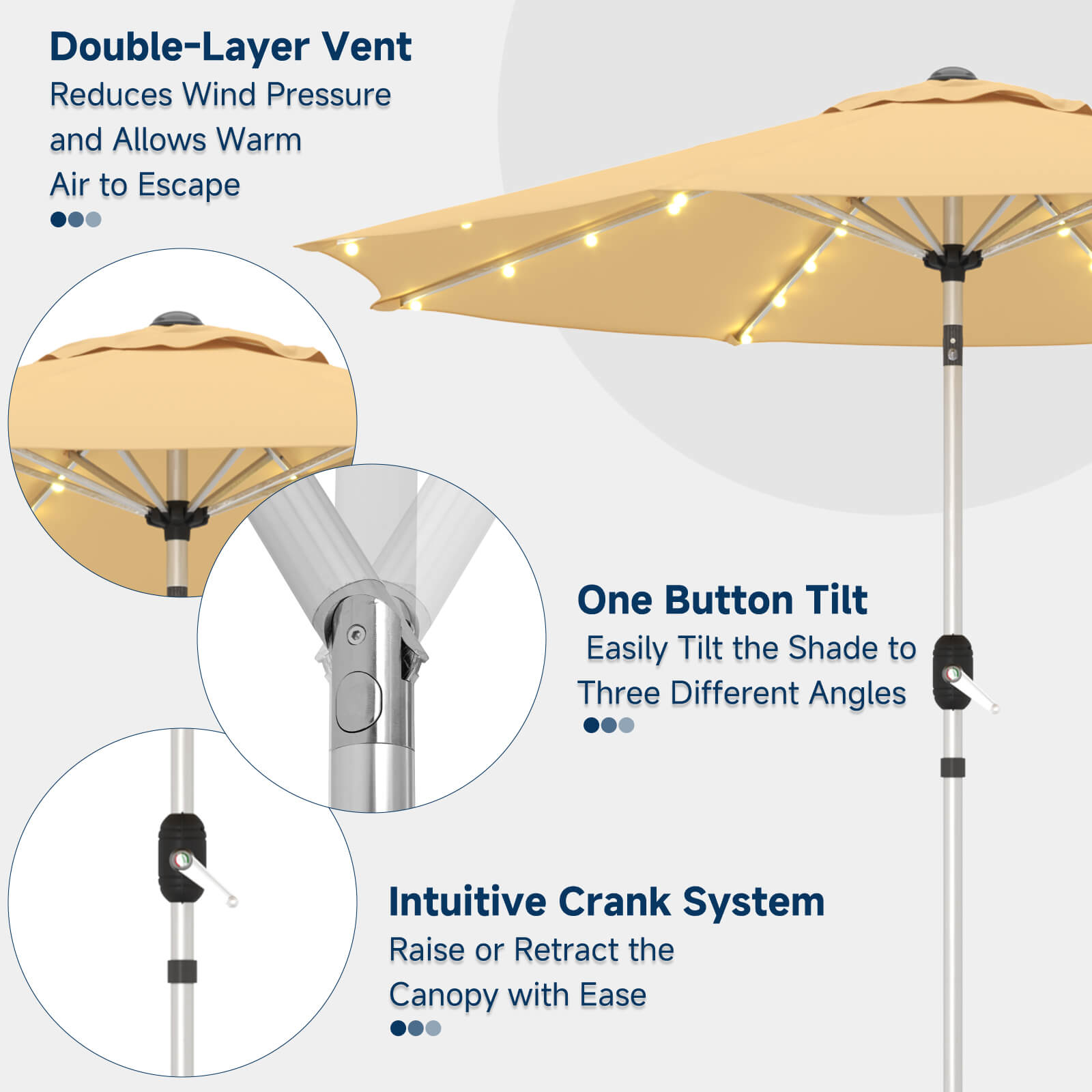 Homrest 10FT Solar Lighted Patio Umbrella, Fade-Resistant Outdoor Umbrella with Tilt, 8 Aluminum Ribs Beige