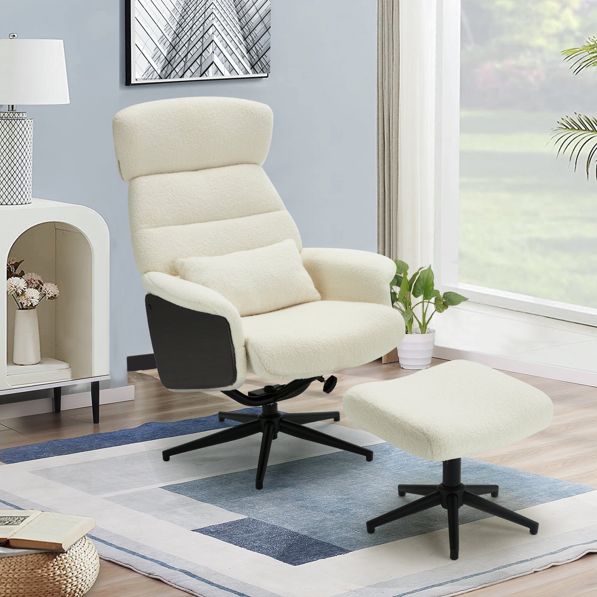HOMREST Swivel Accent Chair w/ Ottoman,Tall Back Desk Chair no Wheels,Modern Sherpa Chair w/ Adjustable Backrest and Headrest for Living room,Bedroom,Home Office
