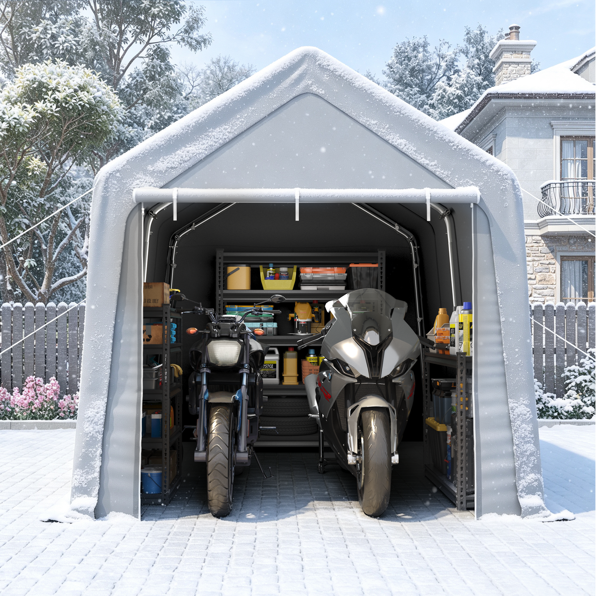 HOMREST 8 x 12 FT Carport Storage Shed, Outdoor Motorcycle Shed with Roll-Up Zipper Door & Vent, UV-Resistant Carport for Motorcycle, Firewood, Tools, Grey