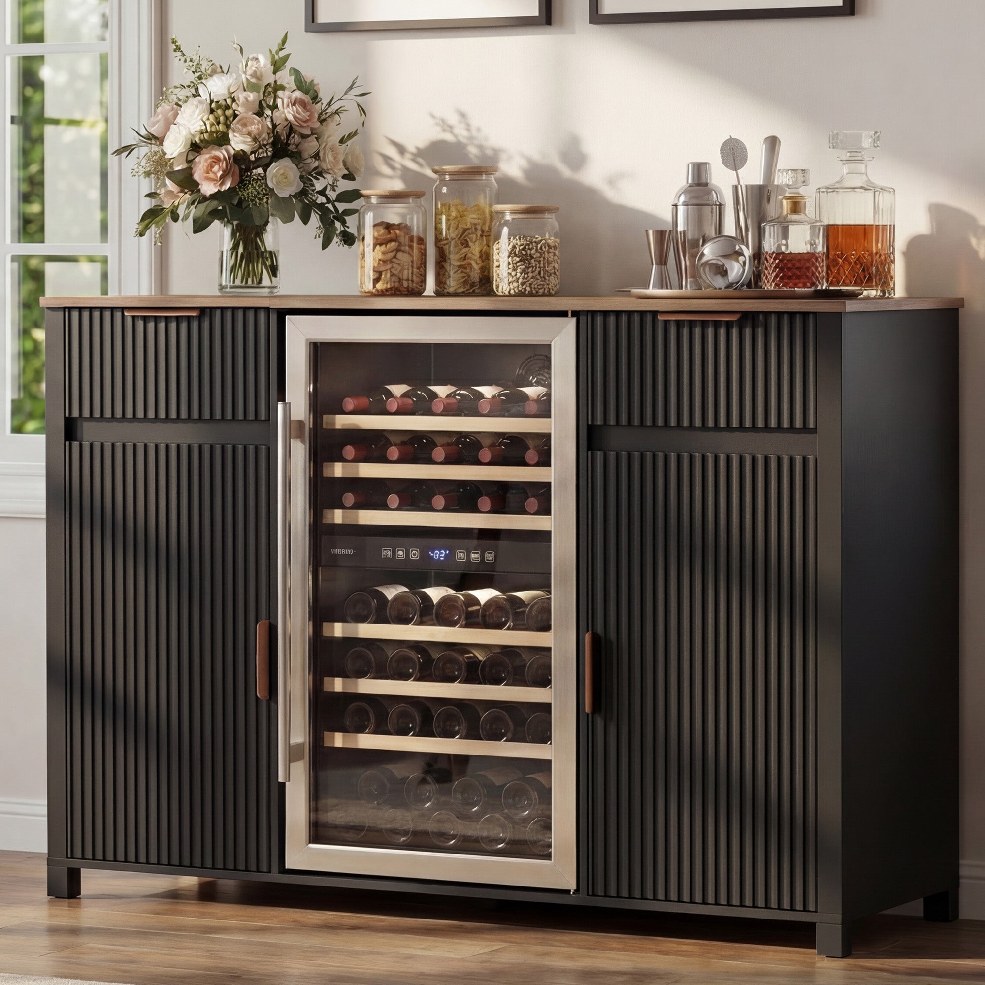 HOMREST 53" Large Coffee Bar Cabinet with Fridge Space & Power Outlet, Mini Fridge Cabinet with Drawer & Door Storage, Wine Bar & Buffet Sideboard for Kitchen and Dining Room, Liquor Cabinet, Black