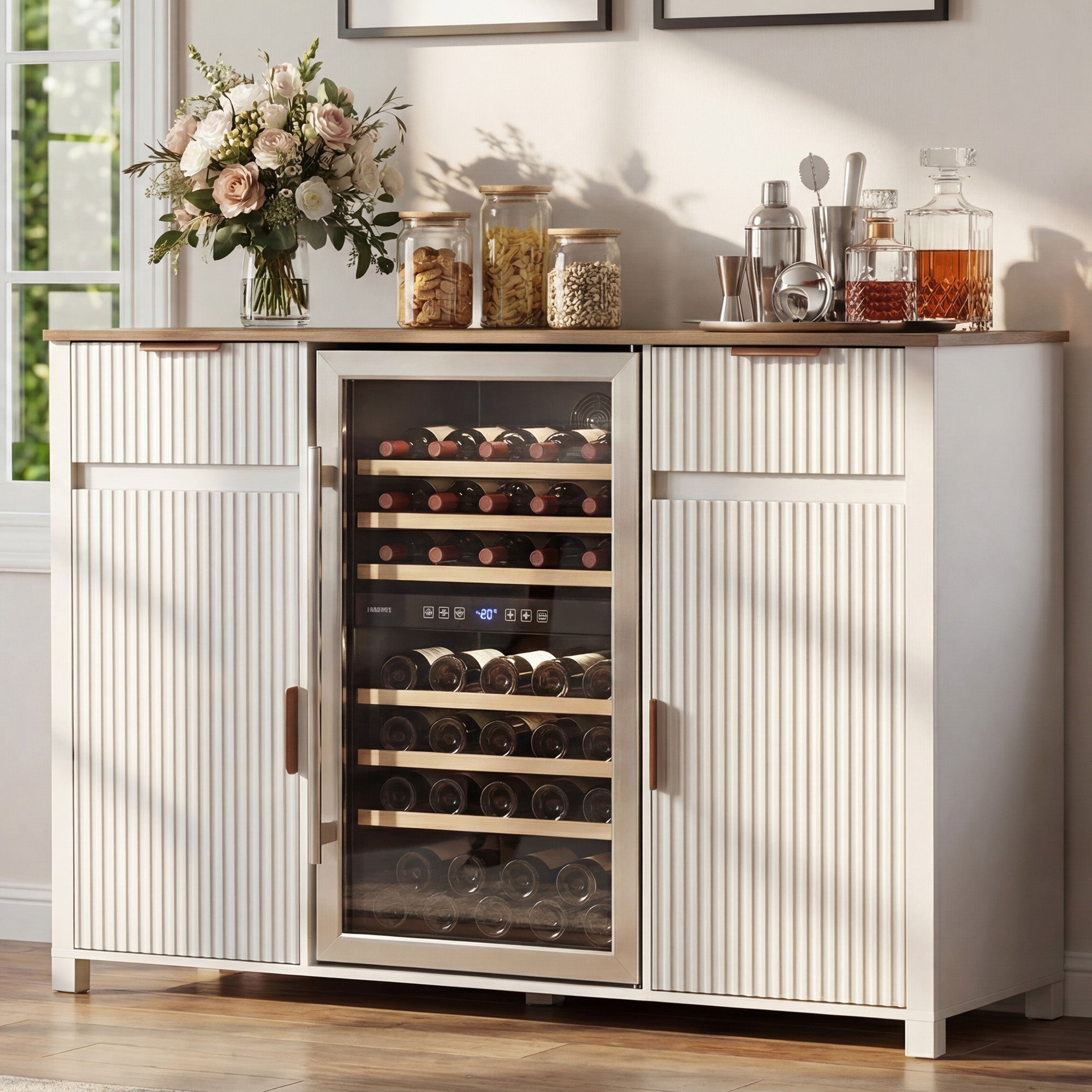 HOMREST 53" Large Coffee Bar Cabinet with Fridge Space & Power Outlet, Mini Fridge Cabinet with Drawer & Door Storage, Wine Bar & Buffet Sideboard for Kitchen and Dining Room, Liquor Cabinet, White