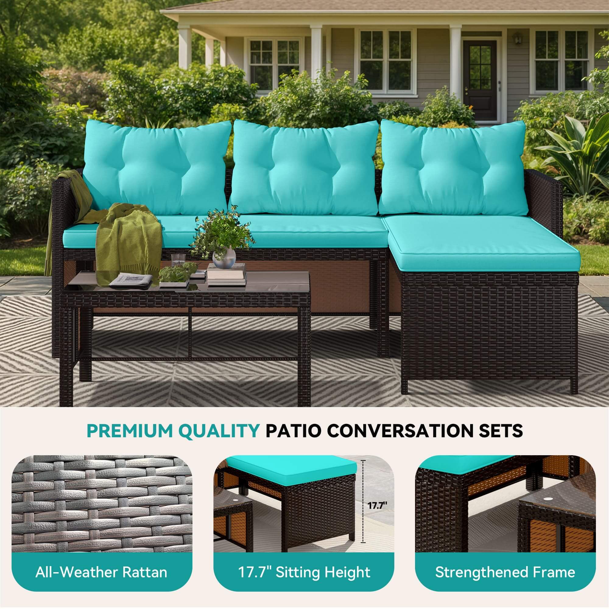 HOMREST 3 Piece Outdoor Patio Furniture Set, All-Weather PE Rattan Sofa Set with Glass Table & Cushions, Blue