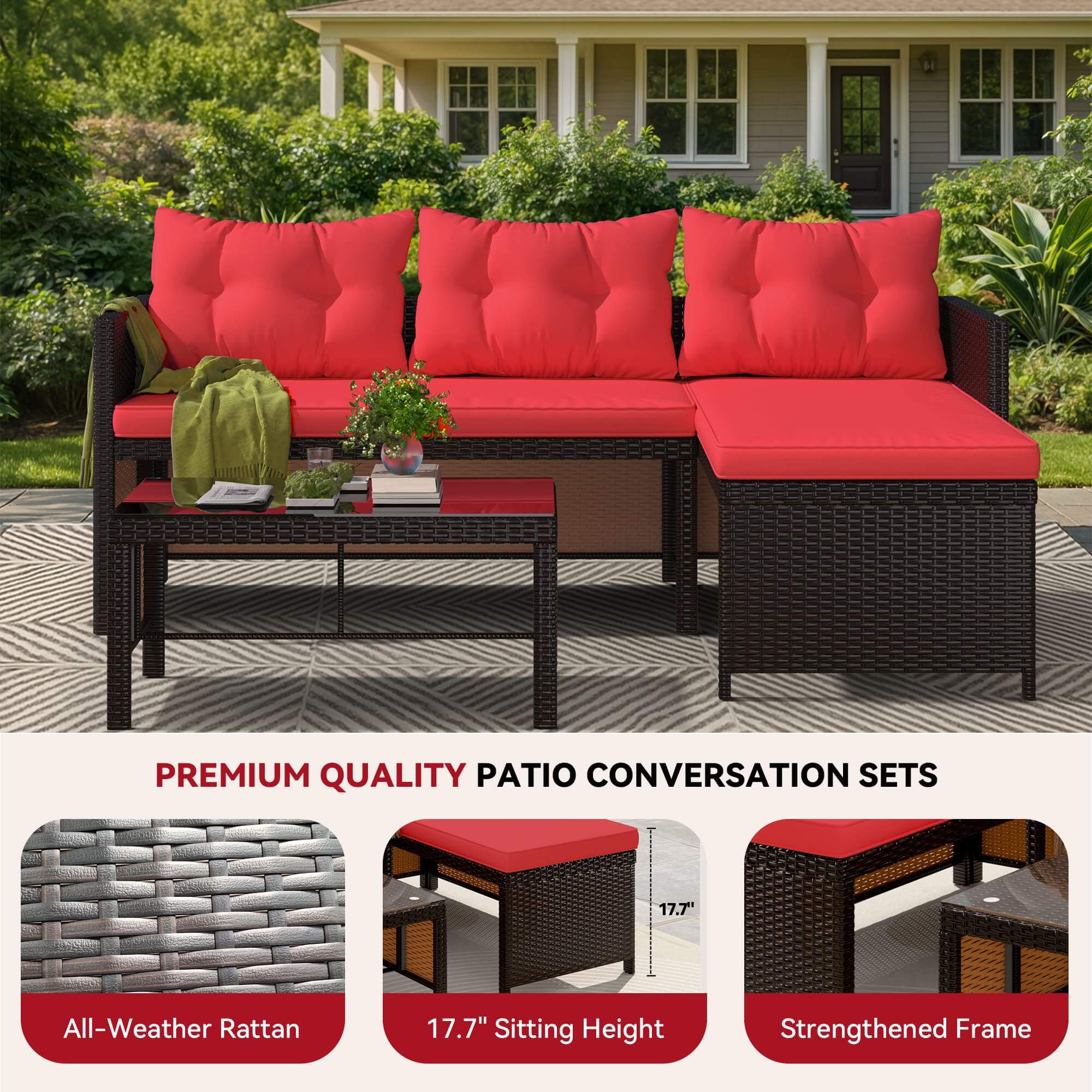 HOMREST 3 Piece Outdoor Patio Furniture Set, All-Weather PE Rattan Sofa Set with Glass Table & Cushions, Red