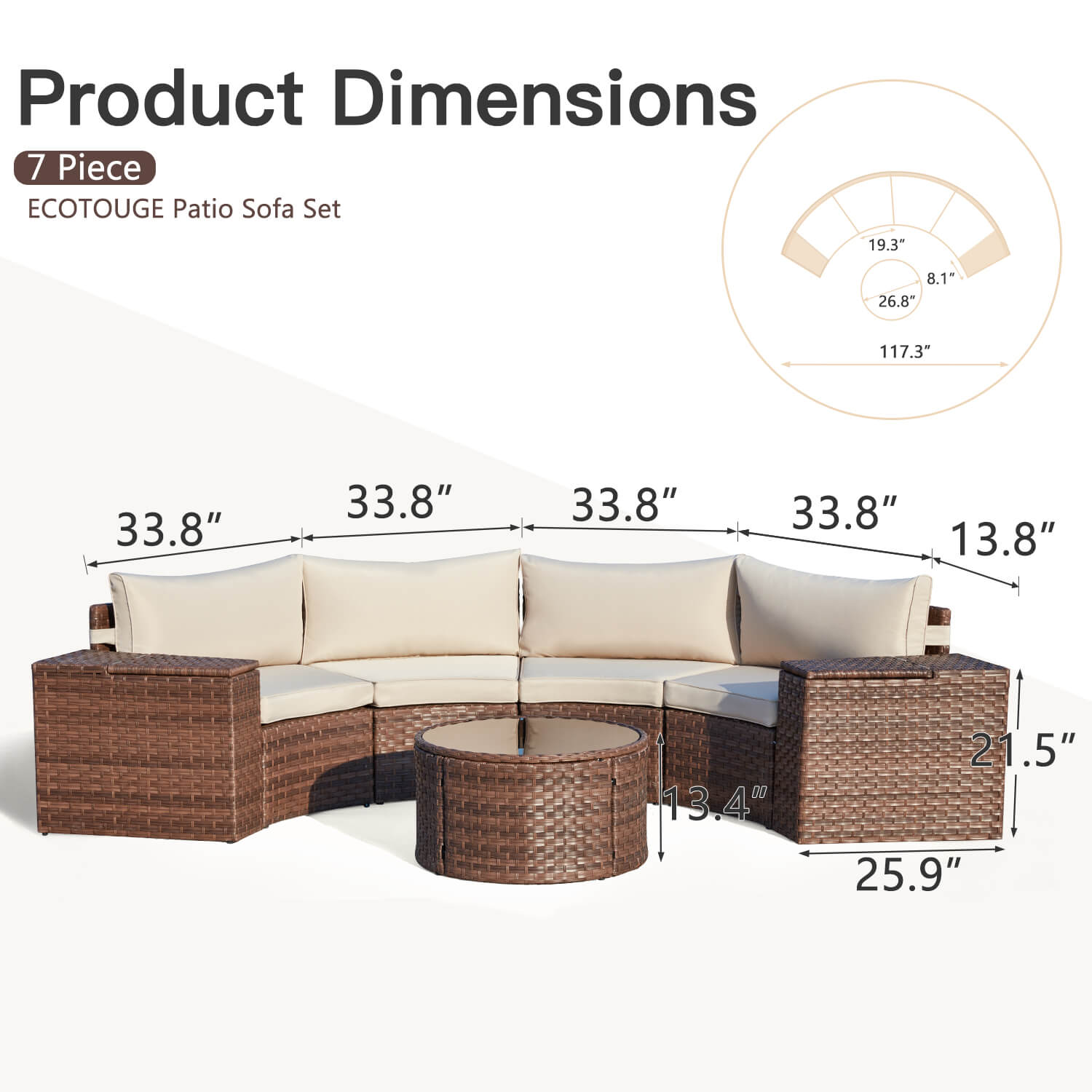 HOMREST Outdoor Patio Furniture Set, 7-Piece Half-Moon Wicker Patio Sofa Set with Storage Table, Brown & Beige