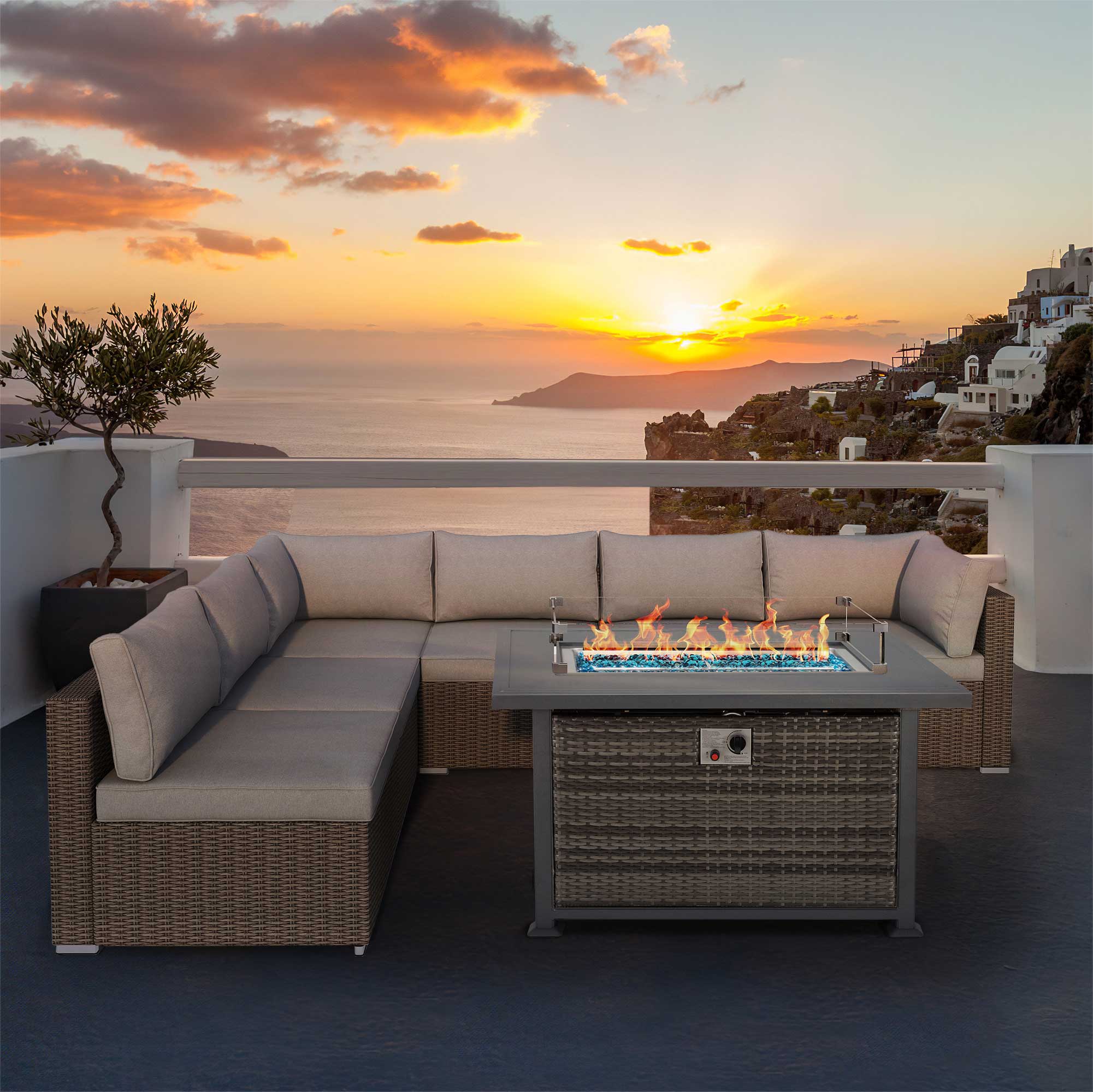  Patio Conversation Set with 44 in Auto-Ignition Propane Fire Pit with Aluminum Table Top and Glass Wind Guard for Christmas Party and Decoration, Dark Gray