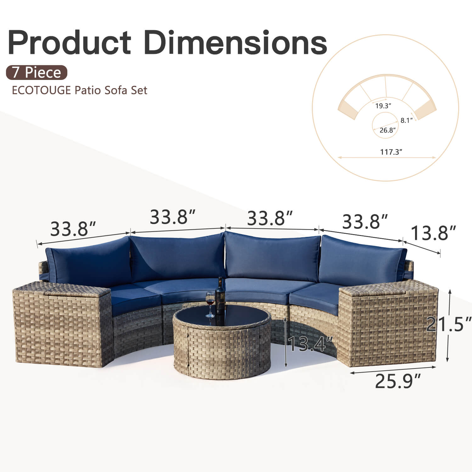 HOMREST Outdoor Patio Furniture Set, 7-Piece Half-Moon Wicker Patio Sofa Set with Storage Table, Blue