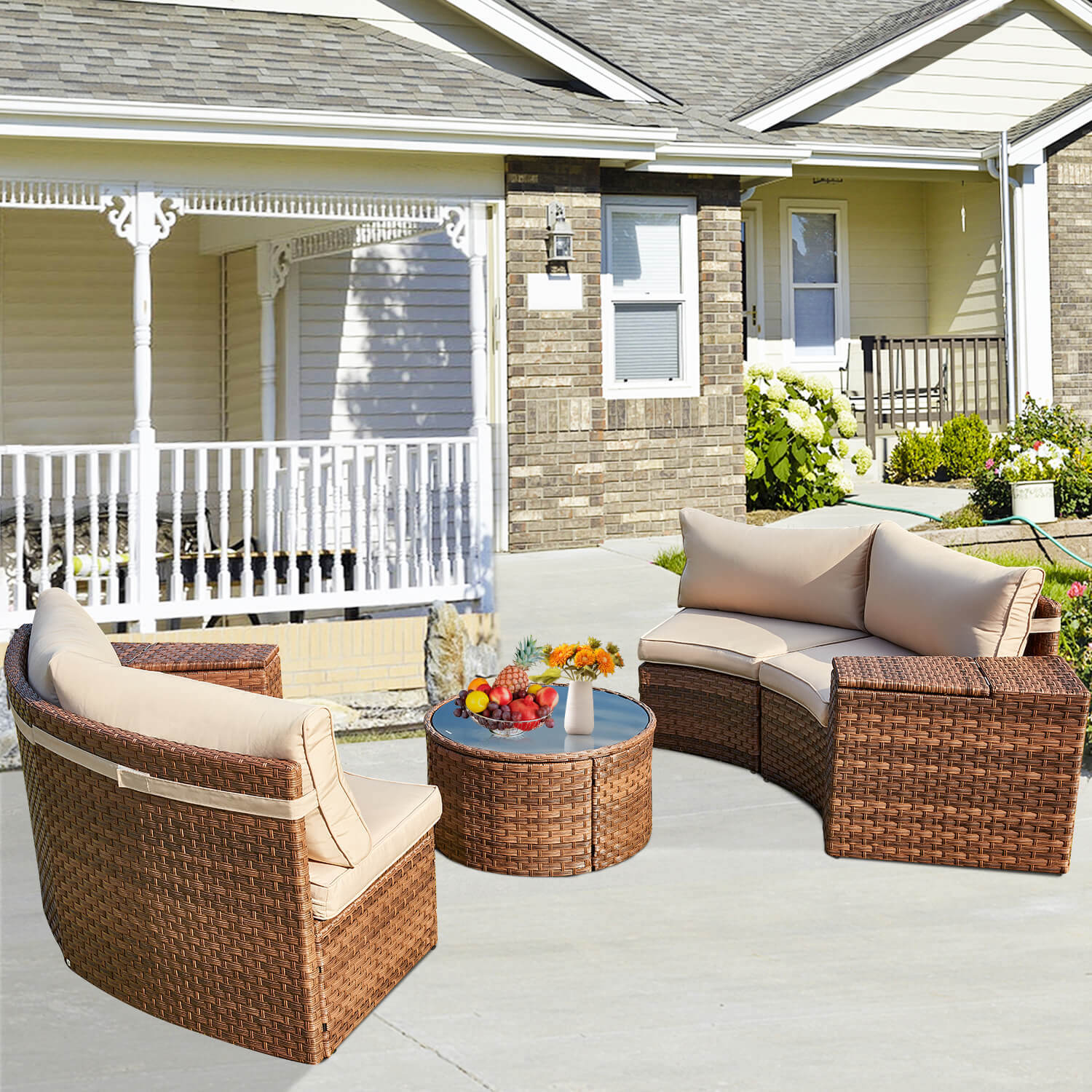 HOMREST Outdoor Patio Furniture Set, 7-Piece Half-Moon Wicker Patio Sofa Set with Storage Table, Brown & Beige
