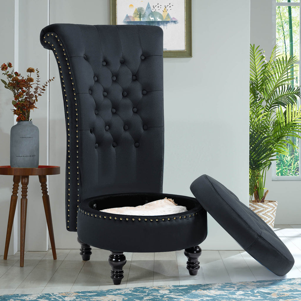 Homrest Throne High-Back Velvet Accent Chair with Storage – Black