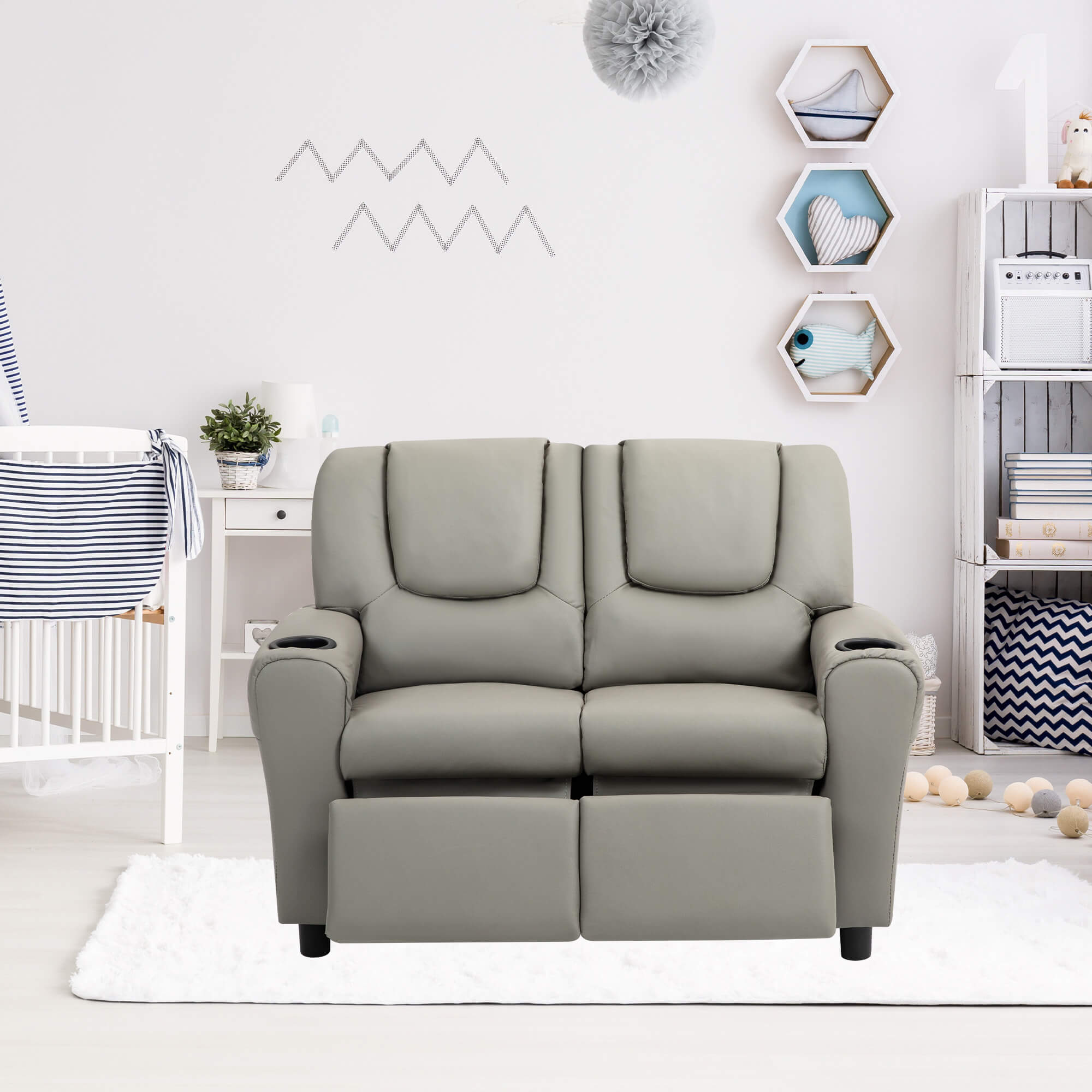 HOMREST Kids Recliner Chair, Double Kids Sofa Chair w/Cup Holder PU Leather, Toddler Loveseat Couch w/Adjustable Footrest & Headres for Boys Girls 3+ Age Group, Grey