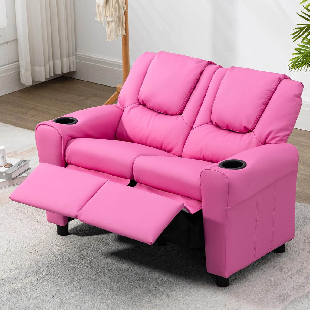 HOMREST Kids Recliner Chair, Double Kids Sofa Chair w/Cup Holder PU Leather, Toddler Loveseat Couch w/Adjustable Footrest & Headres for Boys Girls 3+ Age Group, Pink