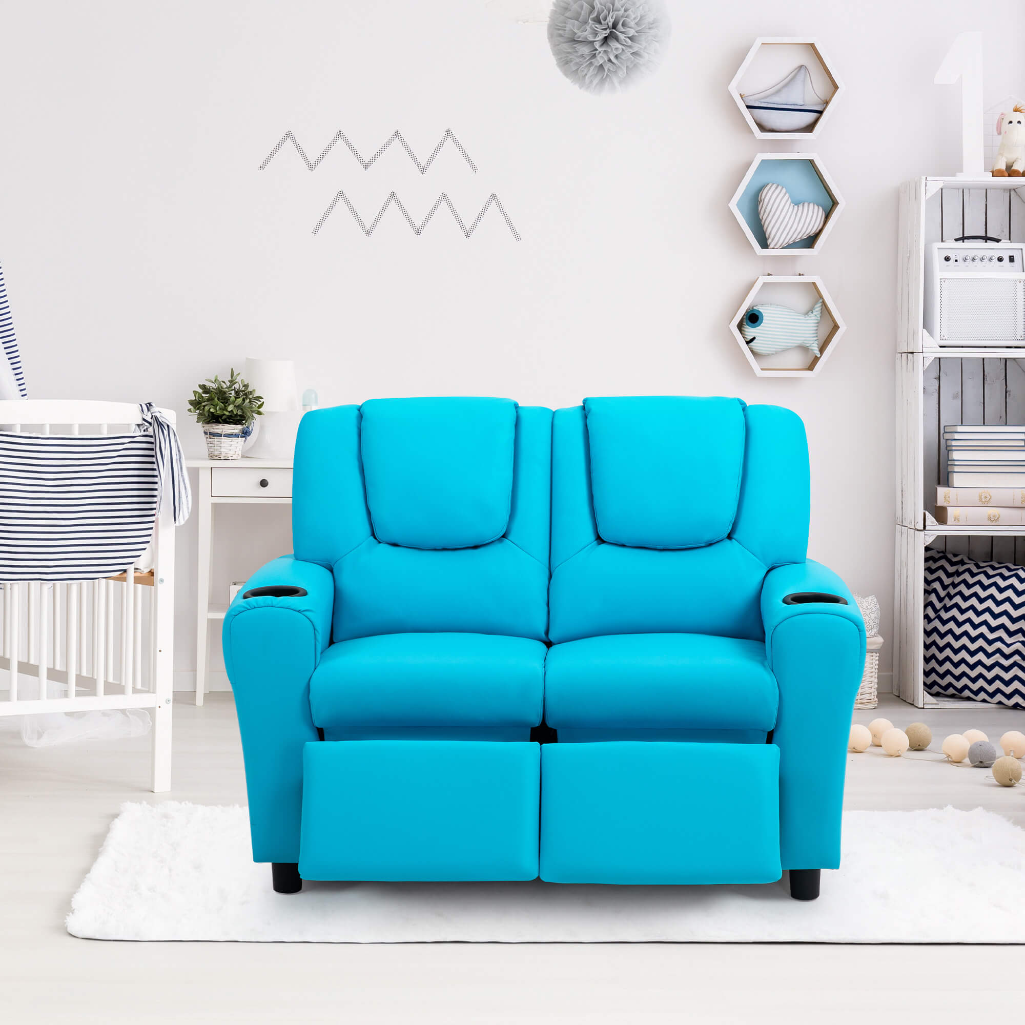 HOMREST Kids Recliner Chair, Double Kids Sofa Chair w/Cup Holder PU Leather, Toddler Loveseat Couch w/Adjustable Footrest & Headres for Boys Girls 3+ Age Group, Blue