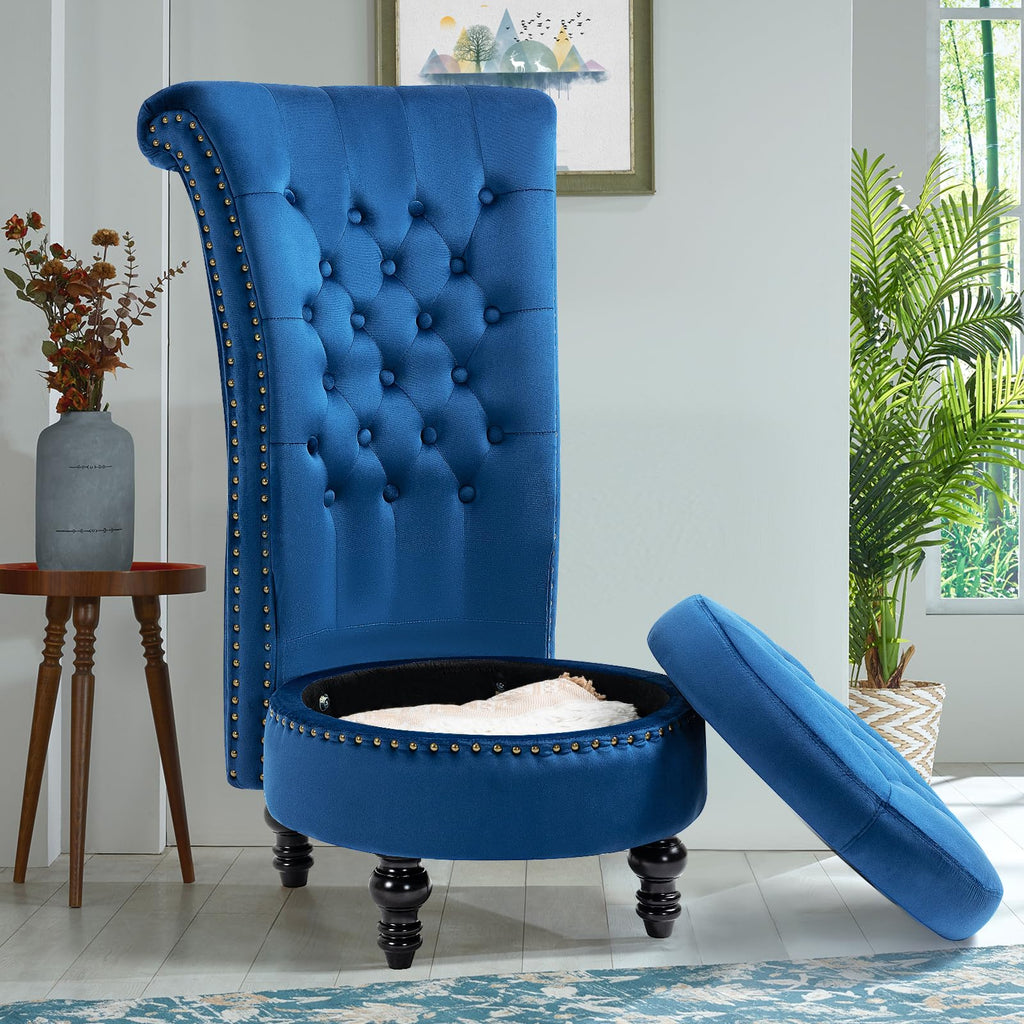 Homrest Throne High-Back Velvet Accent Chair with Storage – Blue