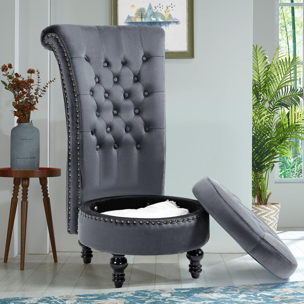 Homrest Throne High-Back Velvet Accent Chair with Storage – Grey