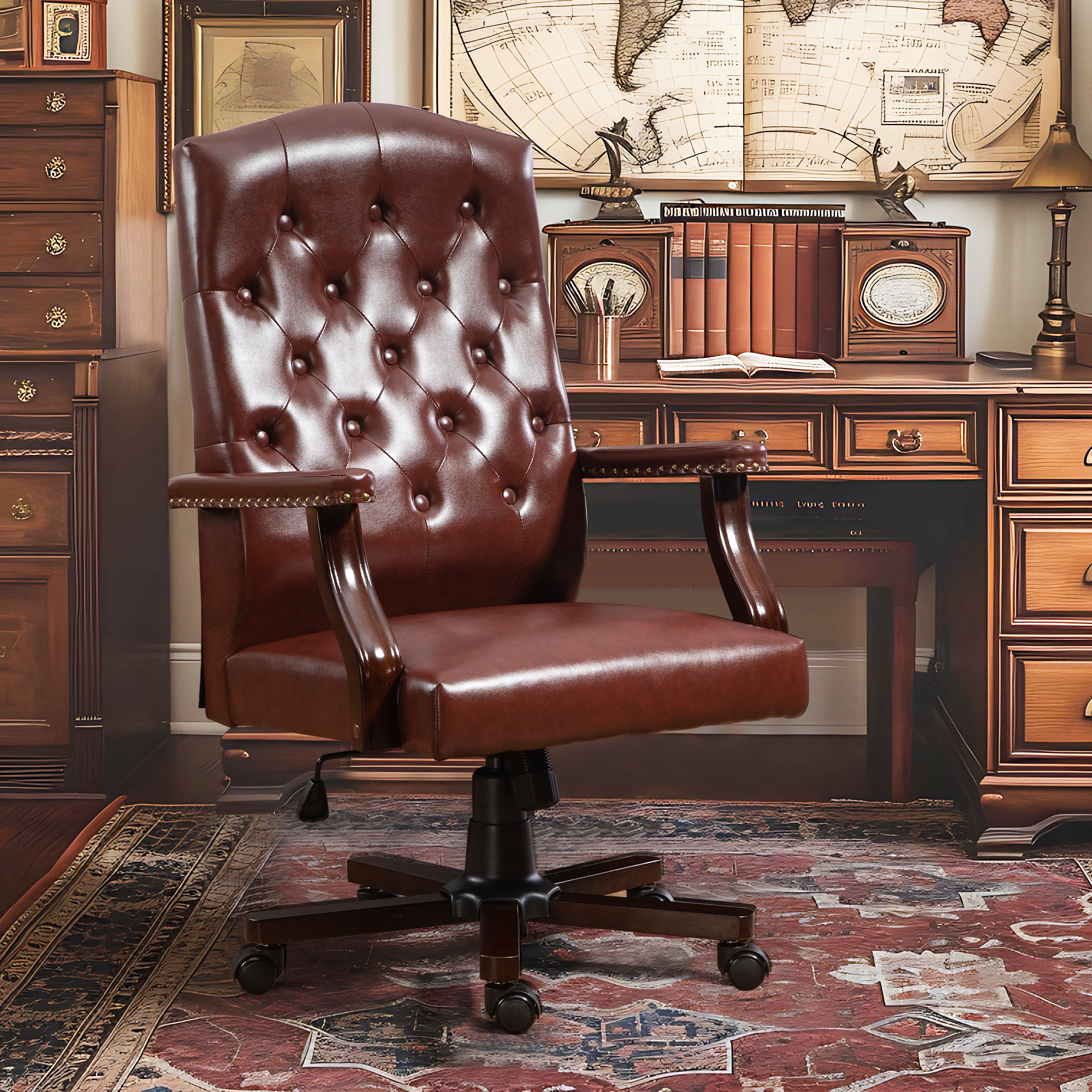 Homrest Executive Wingback Office Chair – Vintage Faux Leather, High-Back Swivel Design – Brown