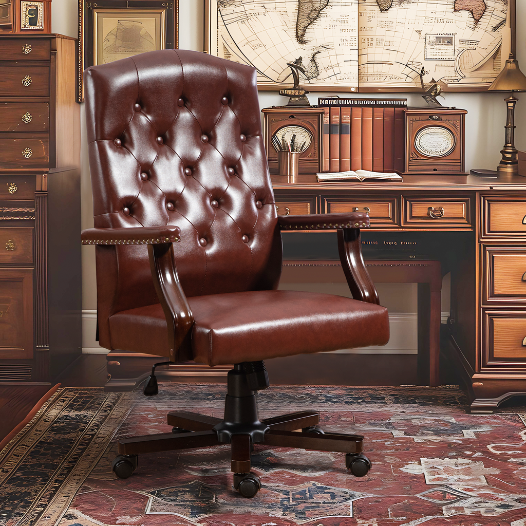 Homrest Executive Wingback Office Chair – Vintage Faux Leather, High-Back Swivel Design – Brown