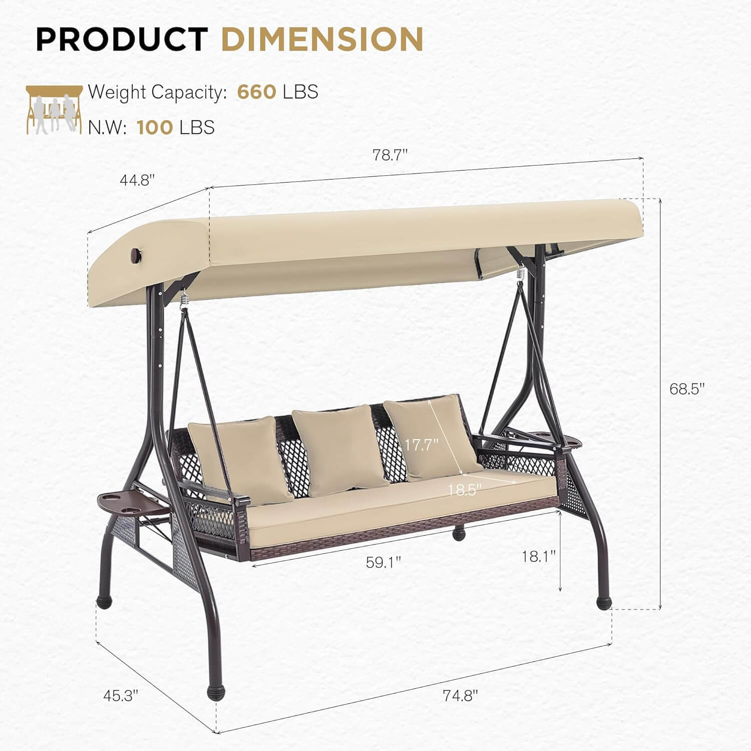Homrest 3-Person Outdoor Wicker Porch Swing with Adjustable Canopy Backyard, Khaki