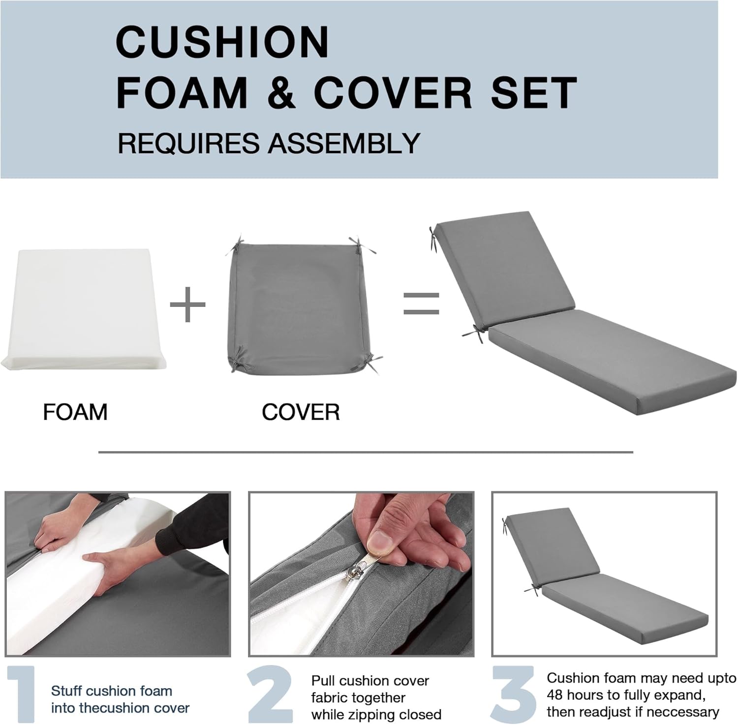HOMREST Outdoor Lounge Chair Cushion Replacement, Grey