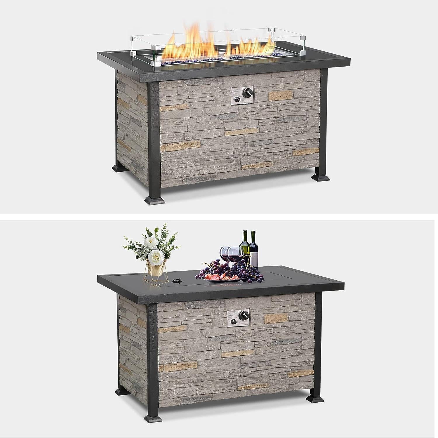 44 Inch Patio Propane Fire Pit Table with Wind Guard and Waterproof Cover, Gray | Homrest Furniture