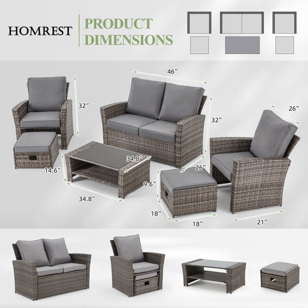 Homrest 6 Pcs Patio Furniture Set with Ottoman and Storage Table, Dark Gray